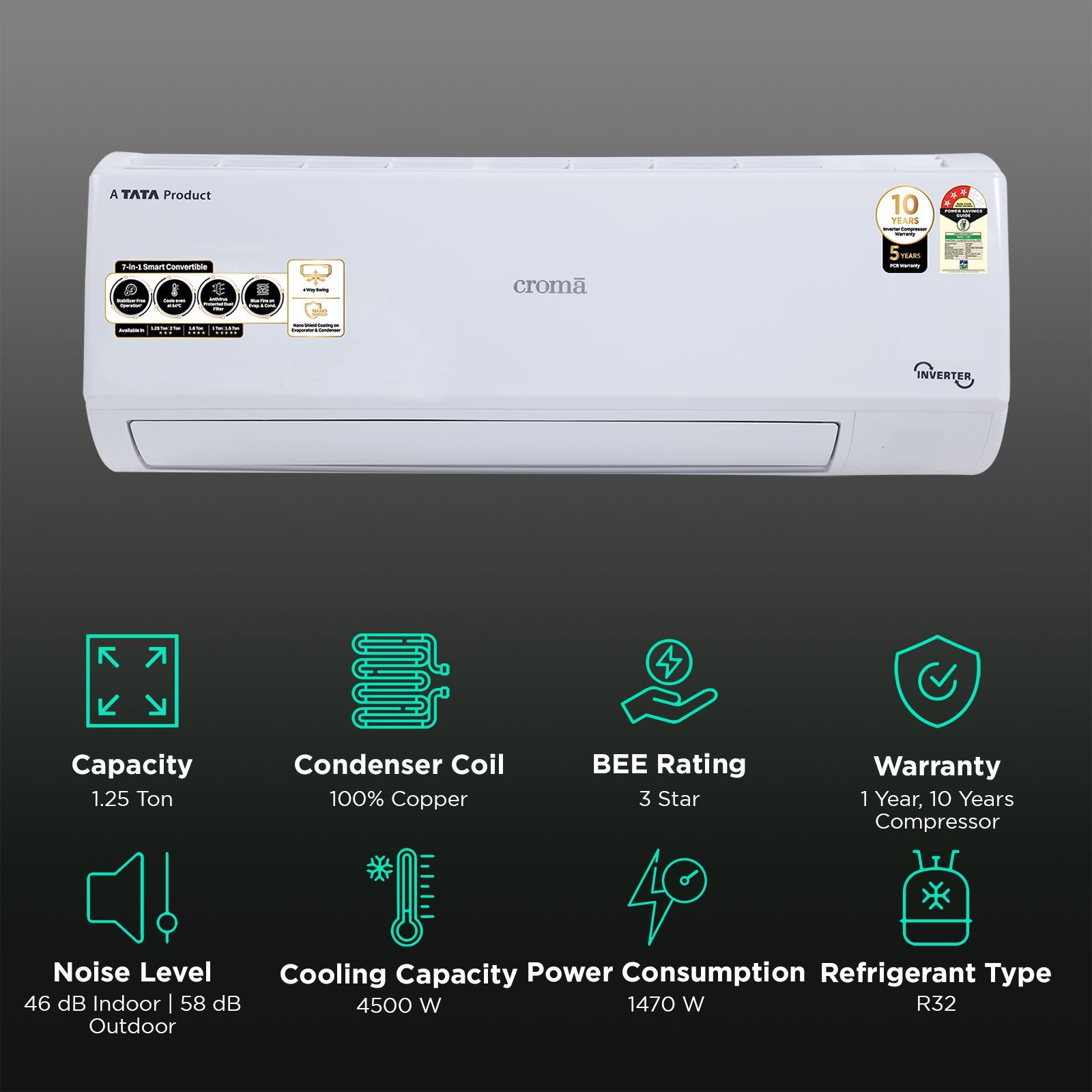 Croma 7 in 1 Convertible 1.25 Ton 3 Star Inverter Split AC with 4 way swing (2025 Model, Copper Condenser, CRLA014IND170274) Croma 7 in 1 Convertible 1.25 Ton 3 Star Inverter Split AC with 4 way swing (2025 Model, Copper Condenser, CRLA014IND170274)_2