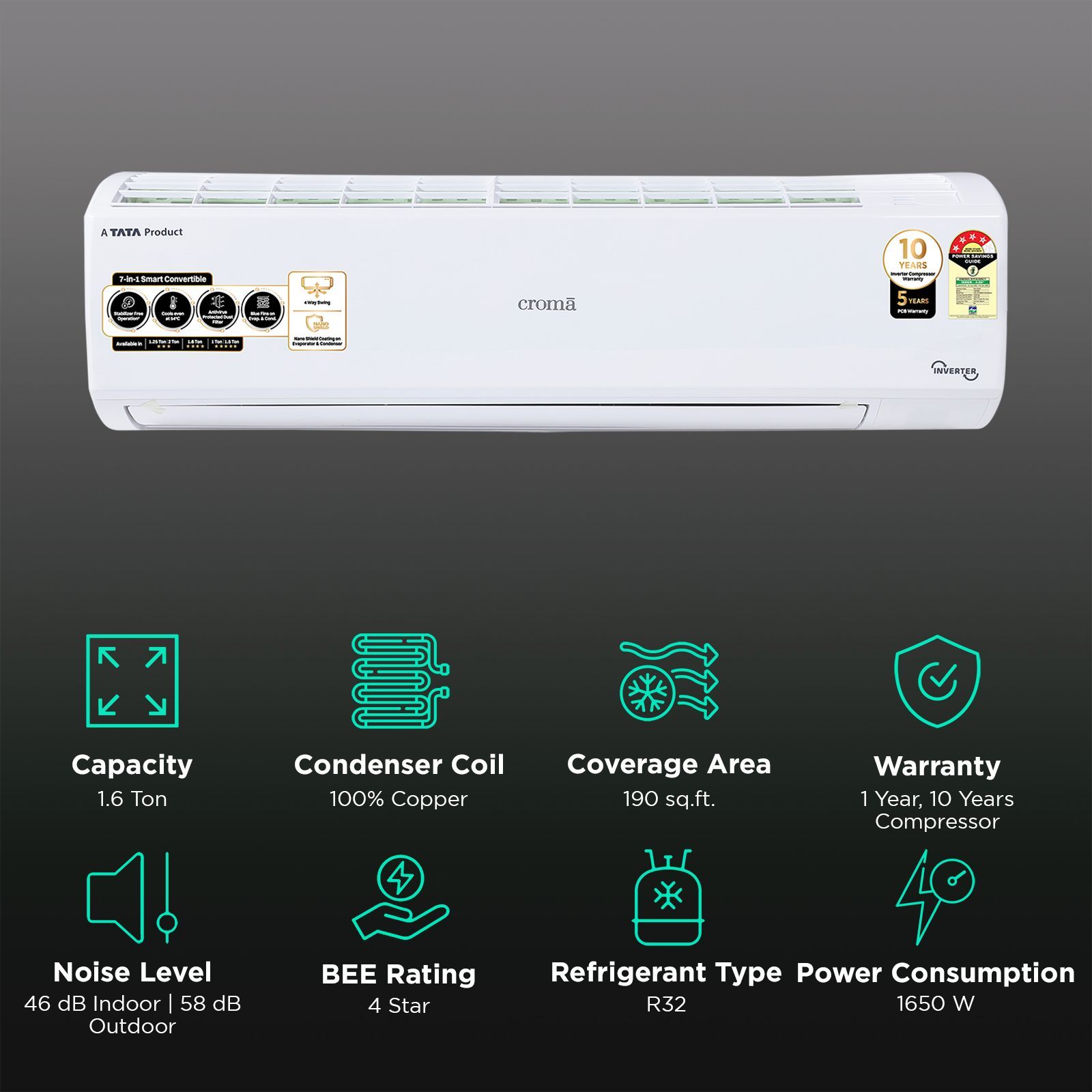 Croma 7 in 1 Convertible 1.6 Ton 4 Star Inverter Split AC with 4 way Swing function (2025 Model, Copper Condenser, CRLA019INE170278)_2