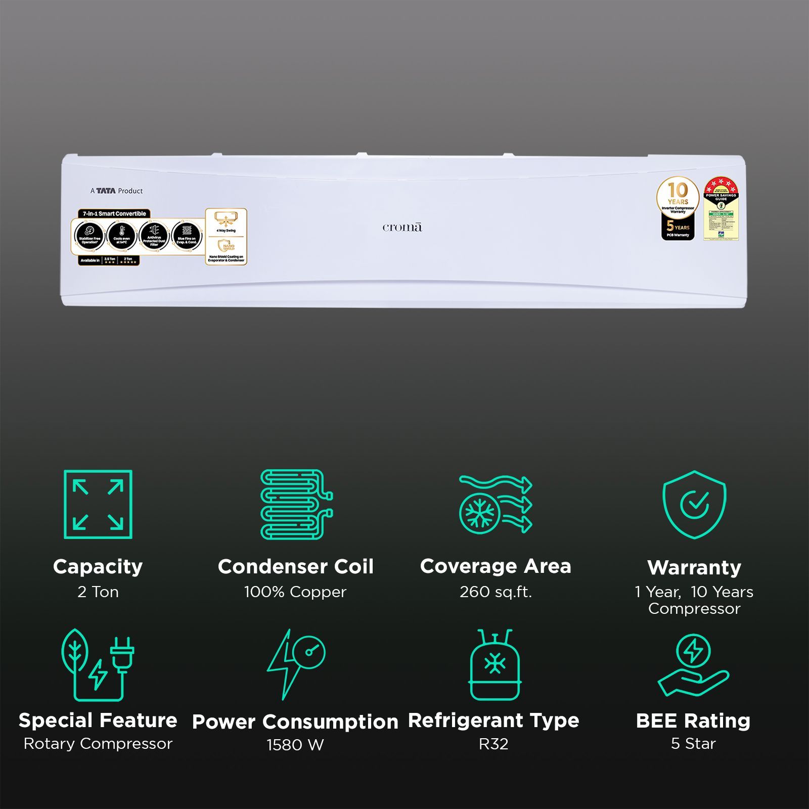 Croma 7 in 1 Convertible 2 Ton 5 Star Inverter Split AC with PM 2.5 Filter (2025 Model, Copper Condenser, CRLA024INF170279)_3