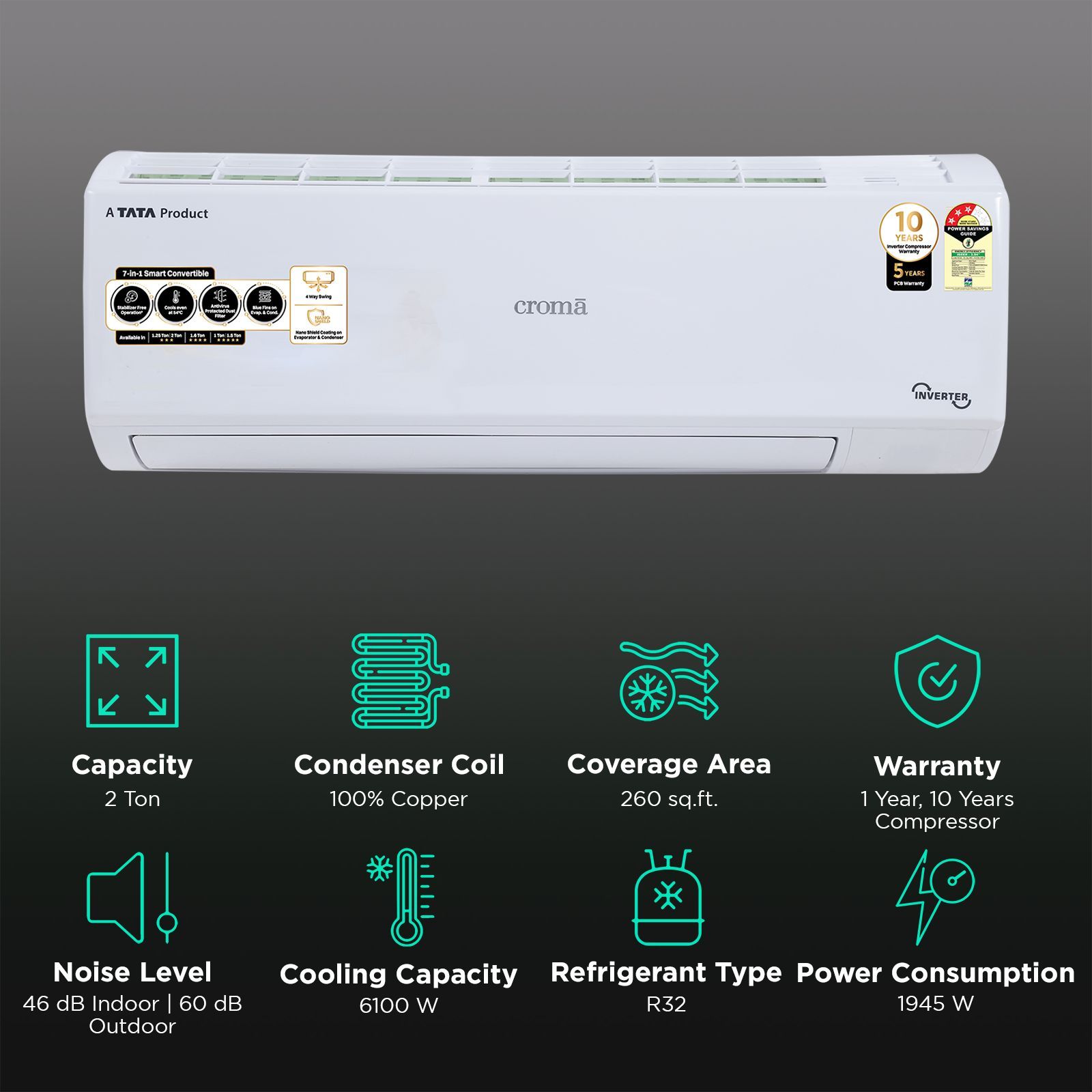 Croma 7 in 1 Convertible 2 Ton 3 Star Inverter Split AC with 4 way Swing function (2025 Model, Copper Condenser, CRLA024IND170281)_2