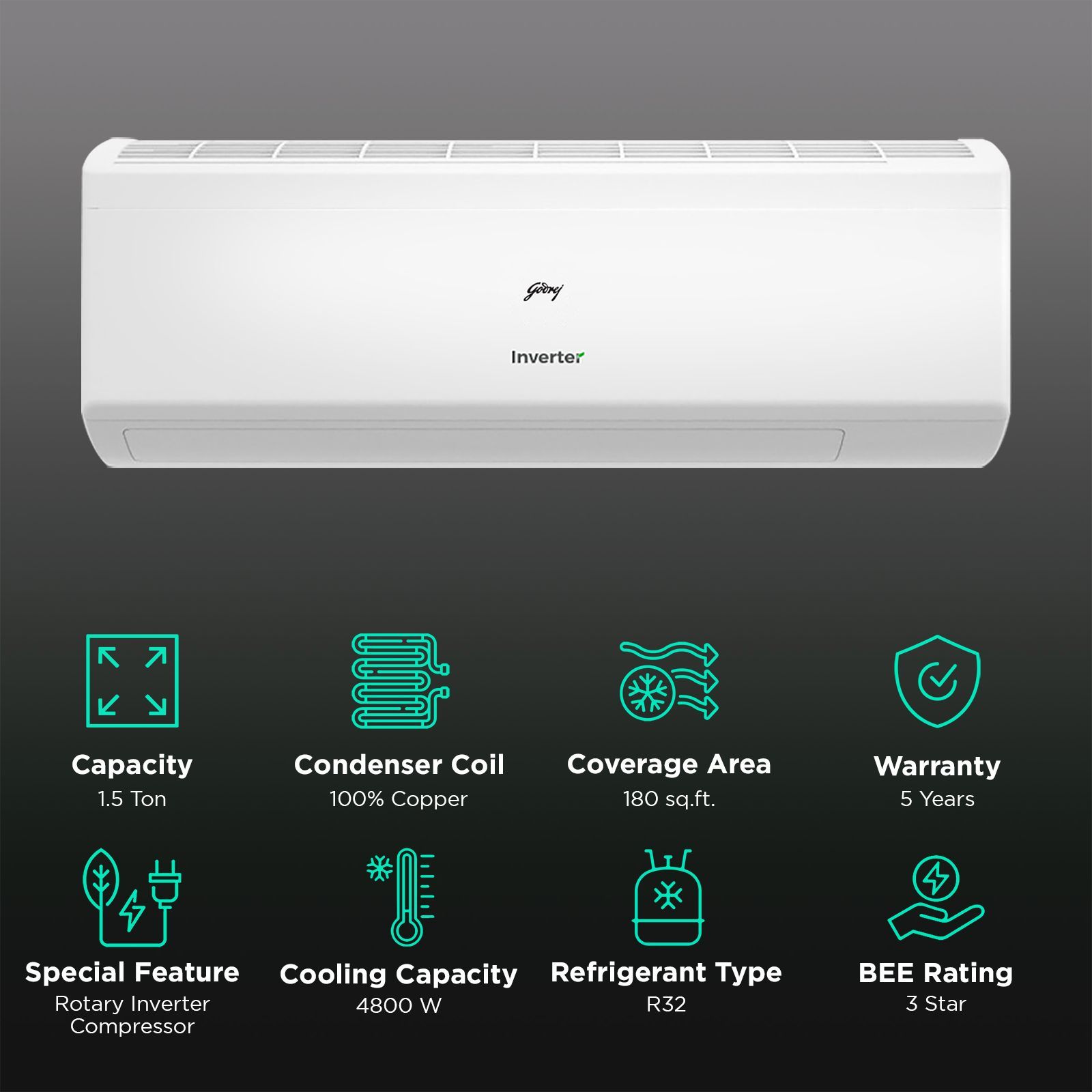 Godrej WYQ Series Convertible 1.5 Ton 3 Star Inverter Split AC with Anti Freeze Thermostat (Copper Condenser, 40101701SD01598) Godrej WYQ Series Convertible 1.5 Ton 3 Star Inverter Split AC with Anti Freeze Thermostat (Copper Condenser, 40101701SD01598)_3