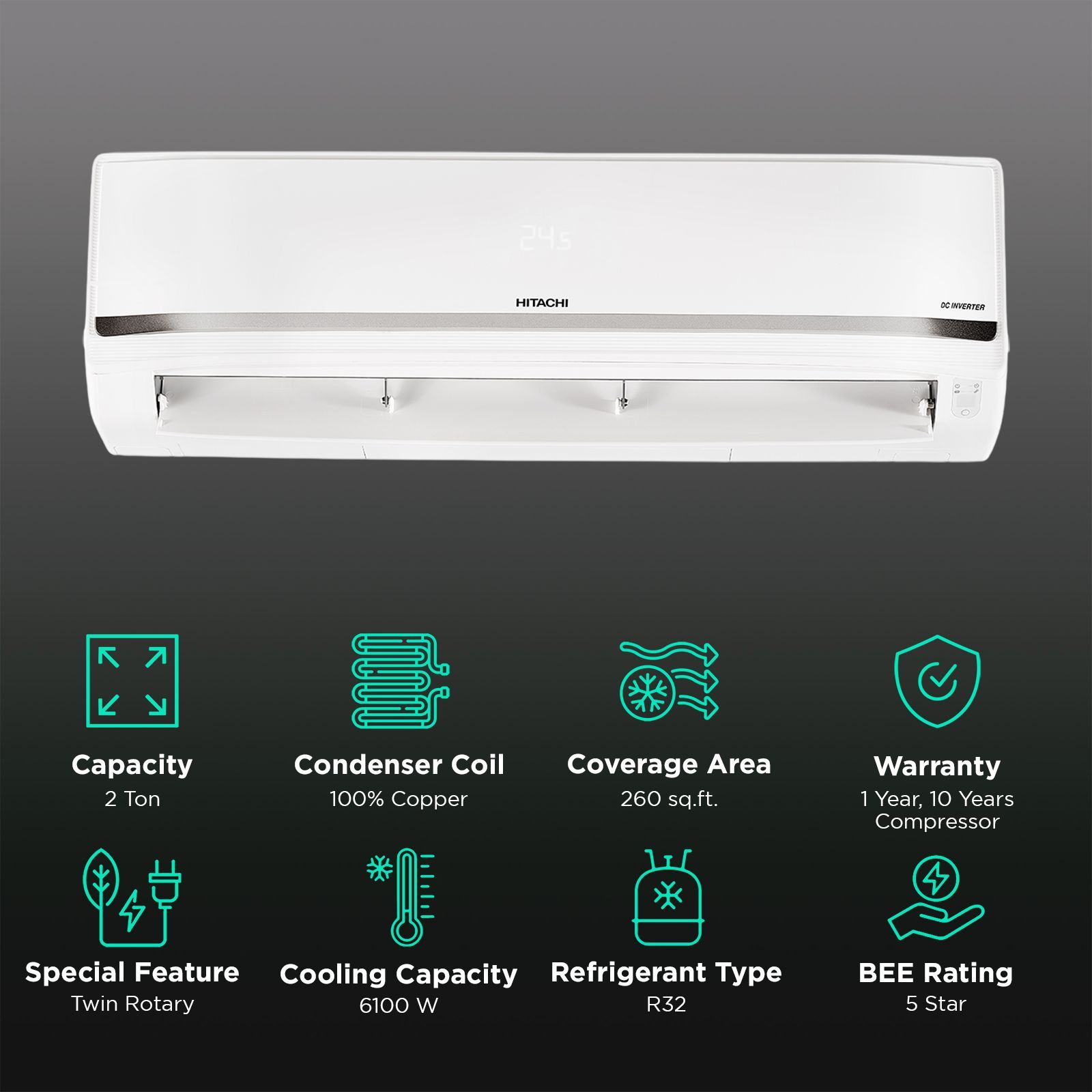 HITACHI Yoshi 5500STXL 2 Ton 5 Star Inverter Split AC with Anti Bacterial Super Fine Mesh Filter (Copper Condenser, RAS.V522PCBISH1)_2