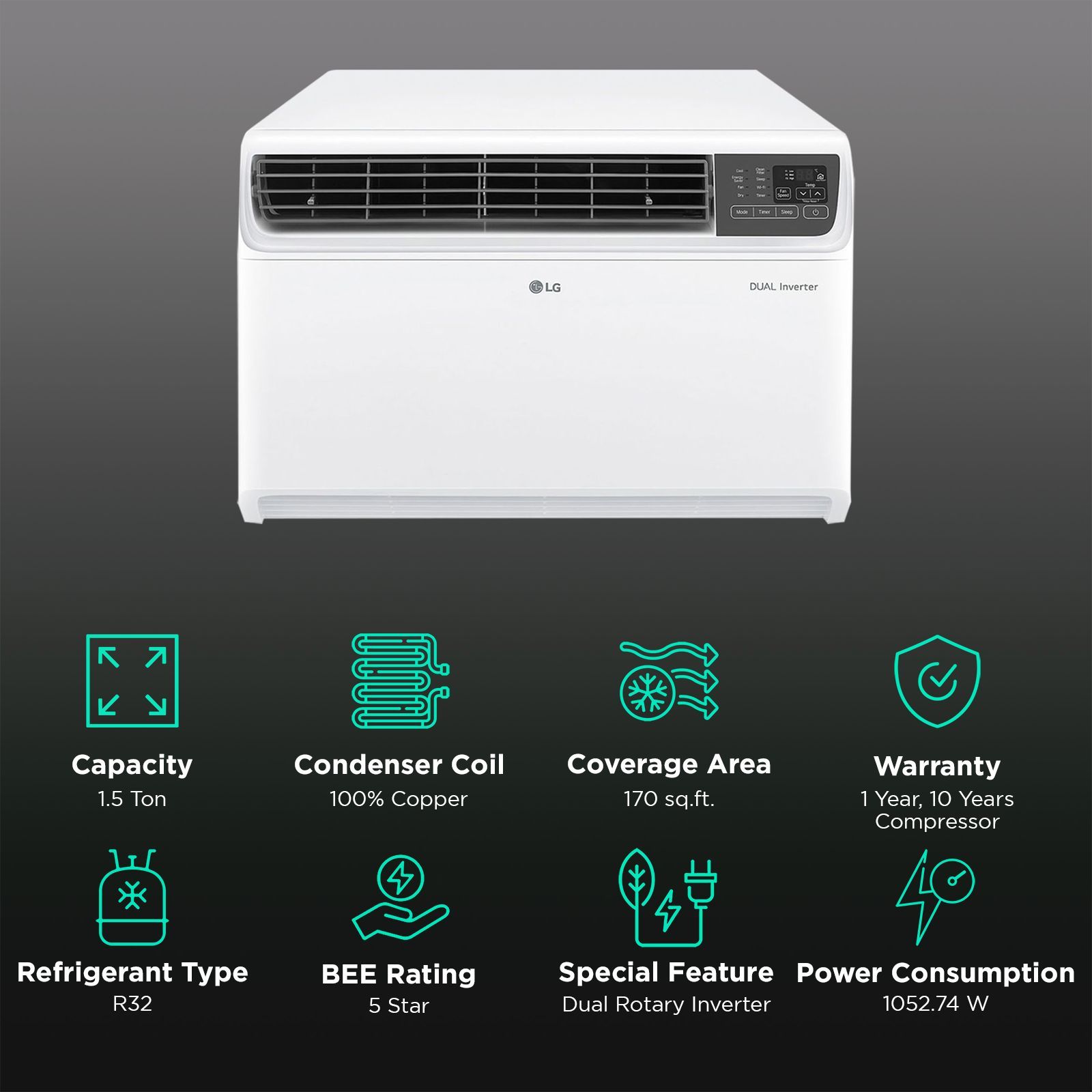 LG 4 in 1 Convertible 1.5 Ton 5 Star Dual Inverter Window AC with Ocean Black Protection (2025 Model, Copper Condenser, 18WWZA.ASLG) LG 4 in 1 Convertible 1.5 Ton 5 Star Dual Inverter Window AC with Ocean Black Protection (2025 Model, Copper Condenser, 18WWZA.ASLG)_3