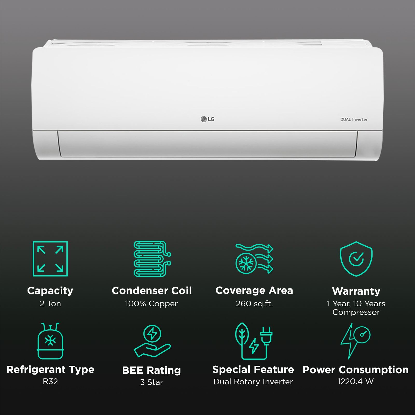 LG 5 in 1 Convertible 2 Ton 3 Star Dual Inverter Split AC with 6 Step Fan Speed (2025 Model, Copper Condenser, US-H24VNXE.ANLG)_2