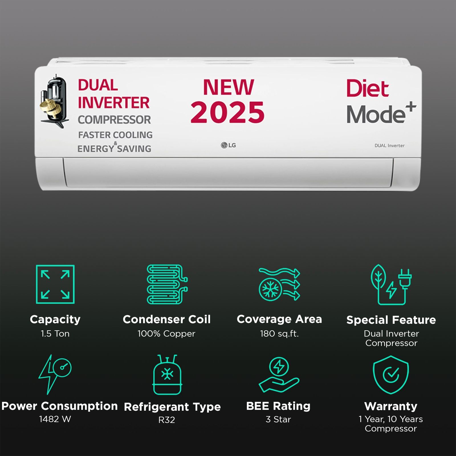 LG 6 in 1 Convertible 1.5 Ton 3 Star Dual Inverter Split AC with 6 Step Fan Speed (2025 Model, Copper Condenser, US-Q18RNXE.AMLG) LG 6 in 1 Convertible 1.5 Ton 3 Star Dual Inverter Split AC with 6 Step Fan Speed (2025 Model, Copper Condenser, US-Q18RNXE.AMLG)_2