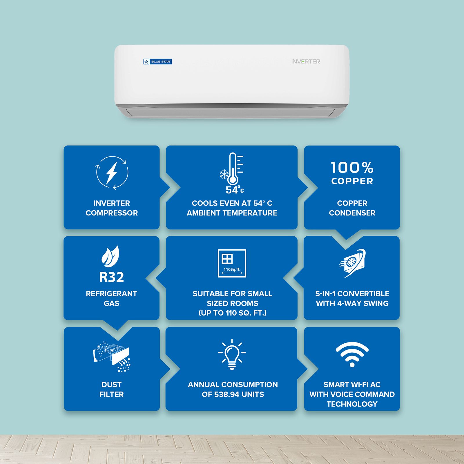 Blue Star Z Series 5 in 1 Convertible 1 Ton 5 Star Inverter Split Smart AC with Wi-Fi Supported (2025 Model, Copper Condenser, ID512ZNURS) Blue Star Z Series 5 in 1 Convertible 1 Ton 5 Star Inverter Split Smart AC with Wi-Fi Supported (2025 Model, Copper Condenser, ID512ZNURS)_5
