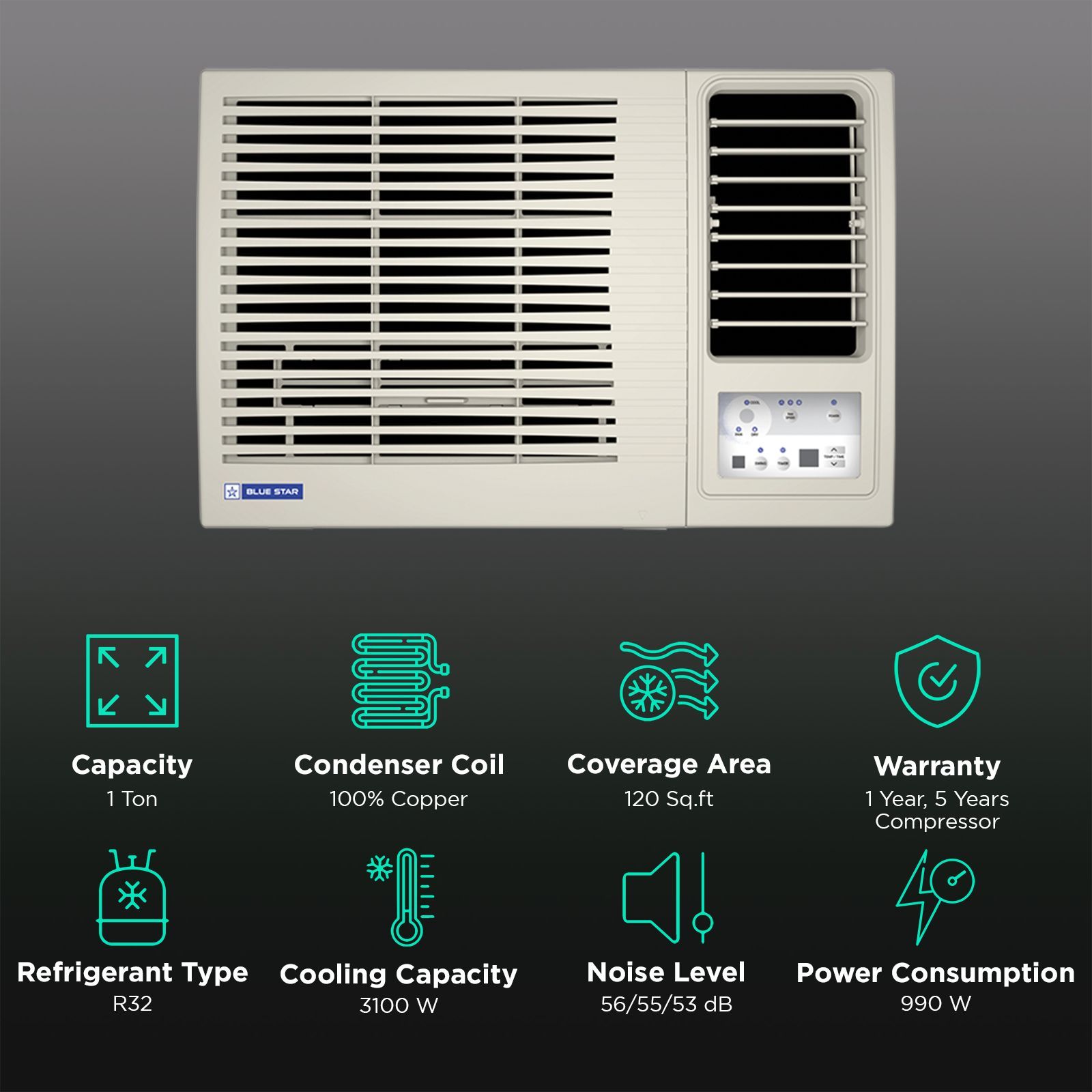Blue Star L Series 1 Ton 3 Star Fixed Speed Window AC (2025 Model, Copper Condenser, Dust Filter, WFE312L) Blue Star L Series 1 Ton 3 Star Fixed Speed Window AC (2025 Model, Copper Condenser, Dust Filter, WFE312L)_2