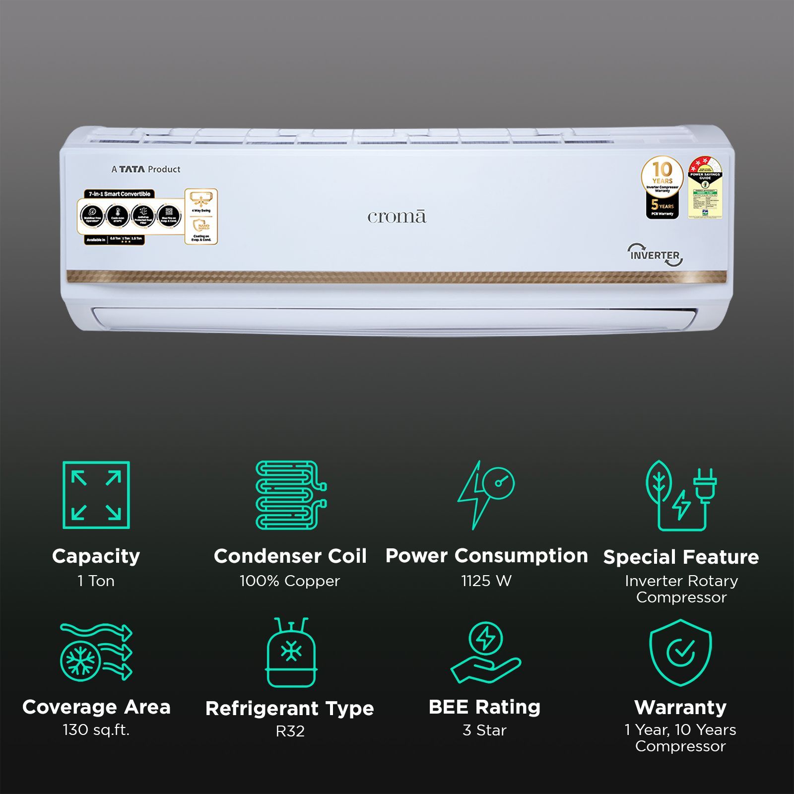 Croma 7 in 1 Convertible 1 Ton 3 Star Inverter Split AC with Temperature Sensor (2025 Model, Copper Condenser, CRLA012IND170285)_3