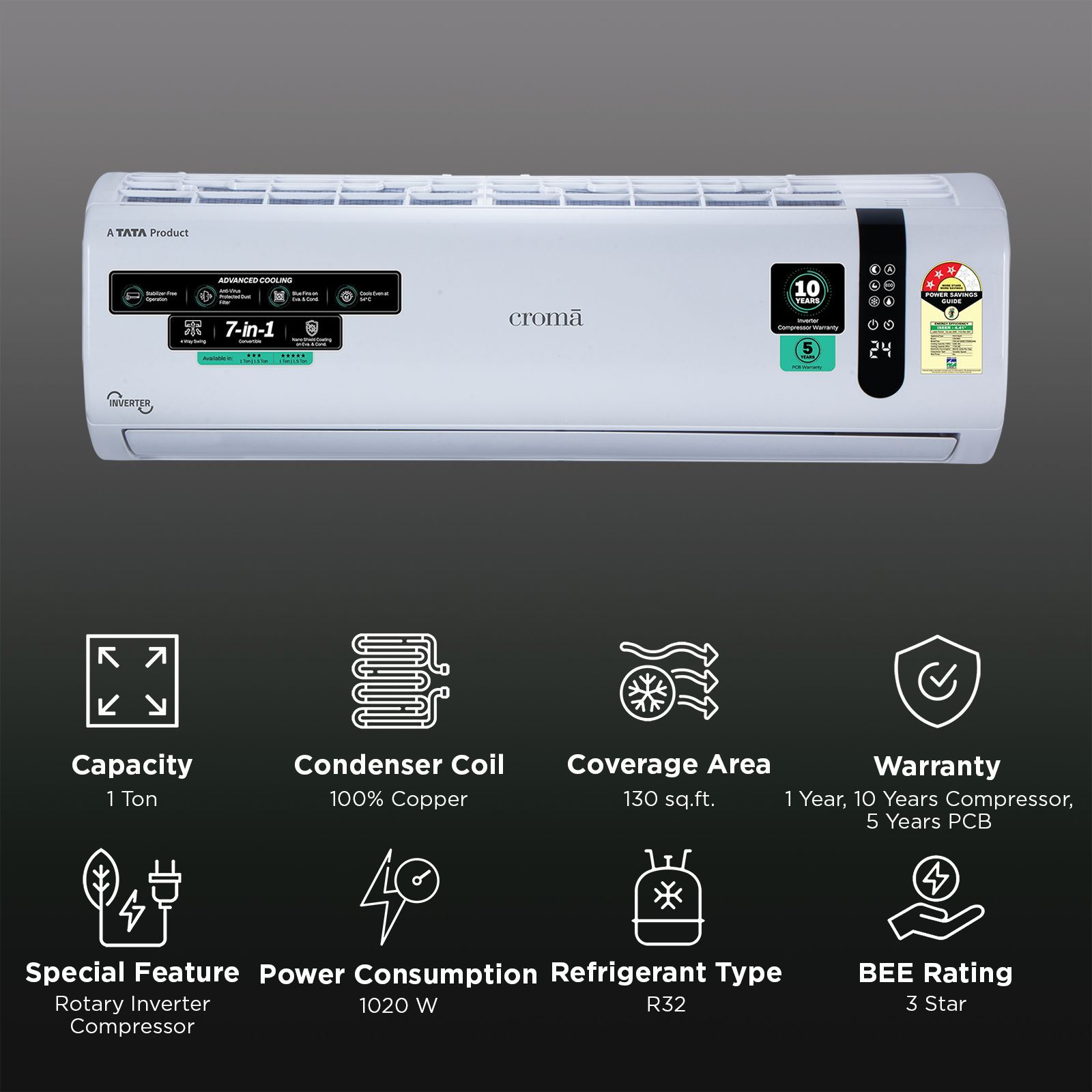 Croma 7 in 1 Convertible 1 Ton 3 Star Inverter Split AC with 4 Way Auto Swing (2026 Model, Copper Condenser, CRLA012IND170290) Croma 7 in 1 Convertible 1 Ton 3 Star Inverter Split AC with 4 Way Auto Swing (2026 Model, Copper Condenser, CRLA012IND170290)_2