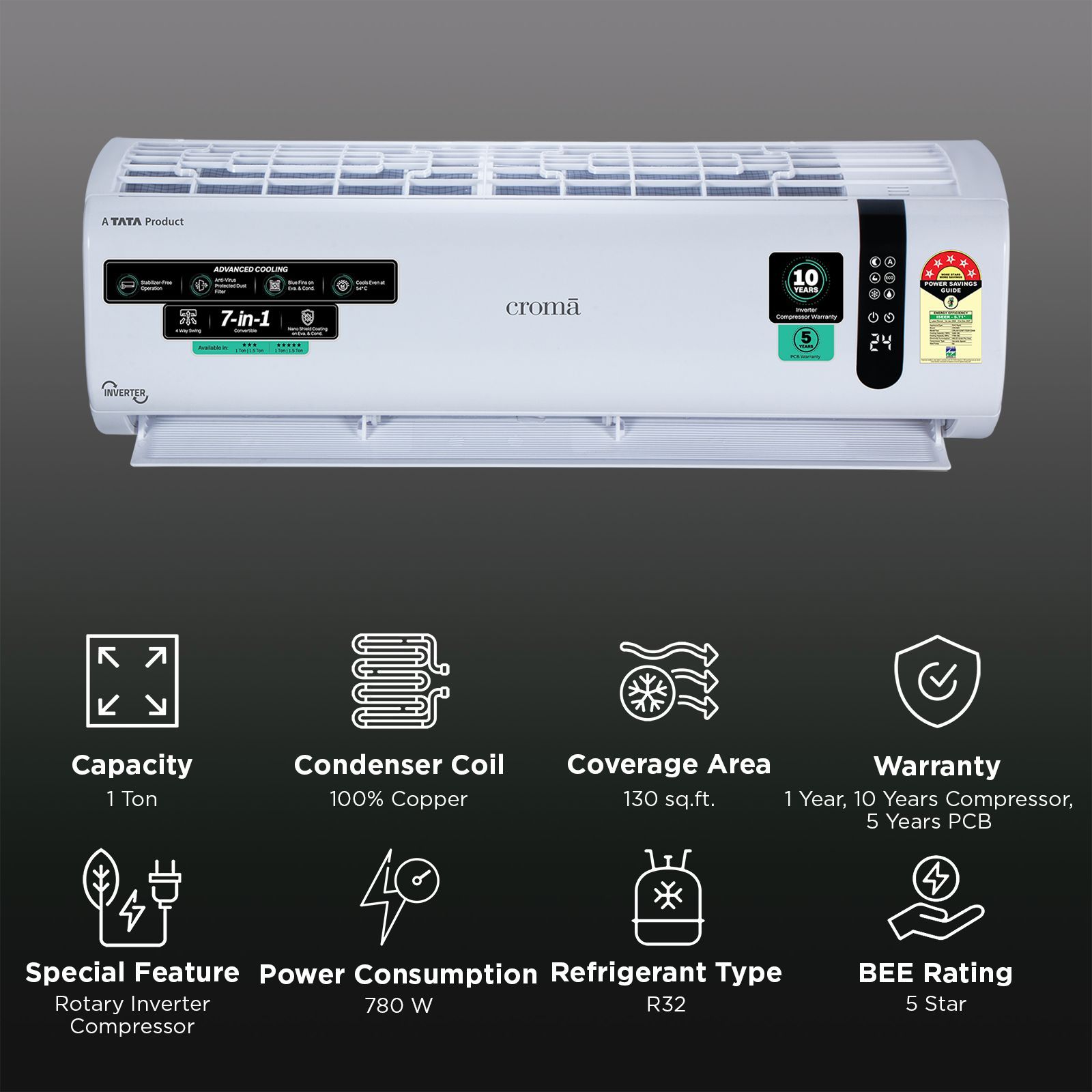 Croma 7 in 1 Convertible 1 Ton 5 Star Inverter Split AC with 4 Way Auto Swing (2026 Model, Copper Condenser, CRLA012INF170291)_2