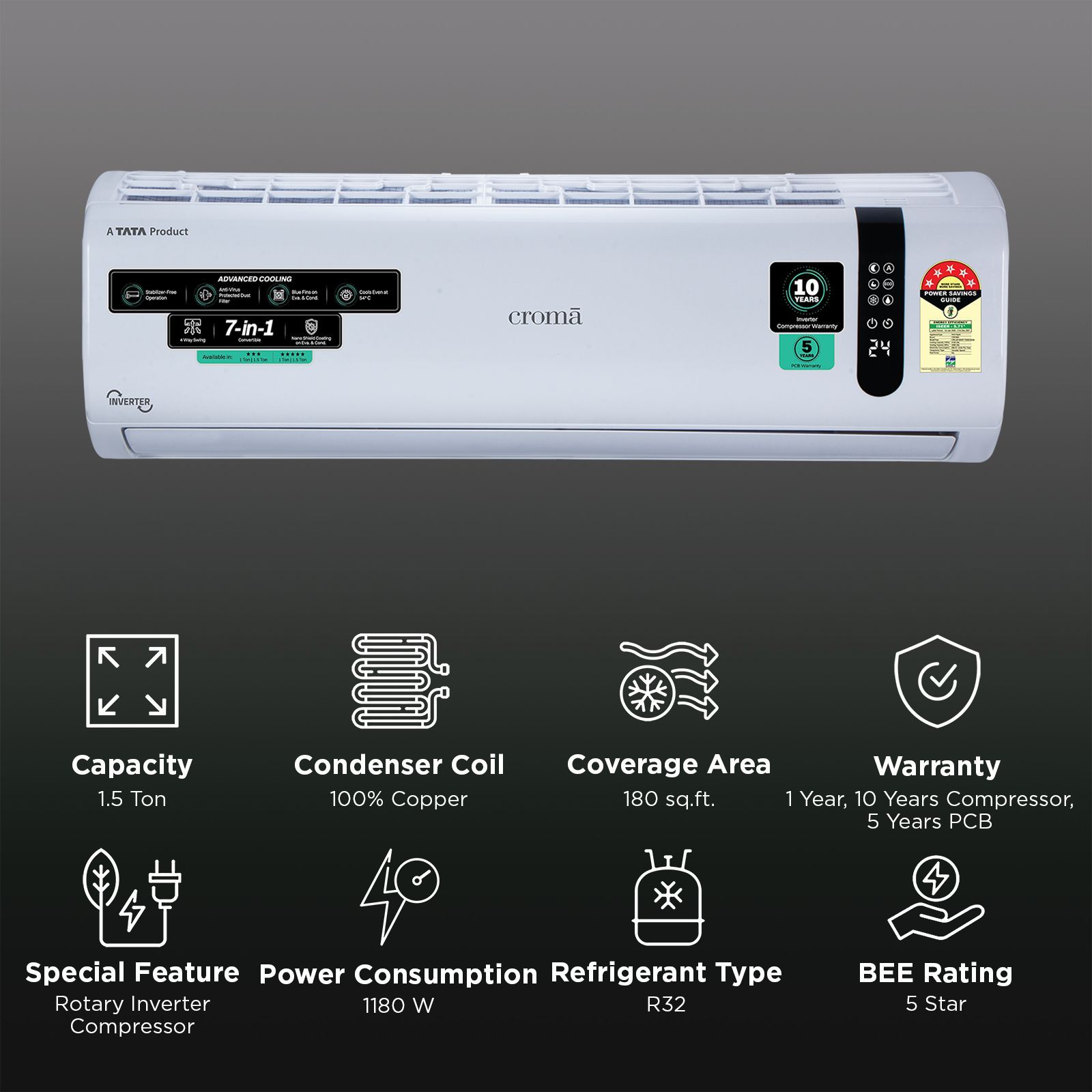 Croma 7 in 1 Convertible 1.5 Ton 5 Star Inverter Split AC with 4 Way Auto Swing (2026 Model, Copper Condenser, CRLA018INF170293) Croma 7 in 1 Convertible 1.5 Ton 5 Star Inverter Split AC with 4 Way Auto Swing (2026 Model, Copper Condenser, CRLA018INF170293)_2