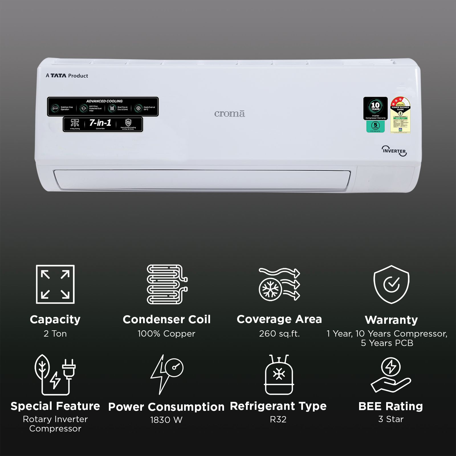 Croma 7 in 1 Convertible 2 Ton 3 Star Inverter Split AC with 4 Way Auto Swing (2026 Model, Copper Condenser, CRLA022IND170294) Croma 7 in 1 Convertible 2 Ton 3 Star Inverter Split AC with 4 Way Auto Swing (2026 Model, Copper Condenser, CRLA022IND170294)_2