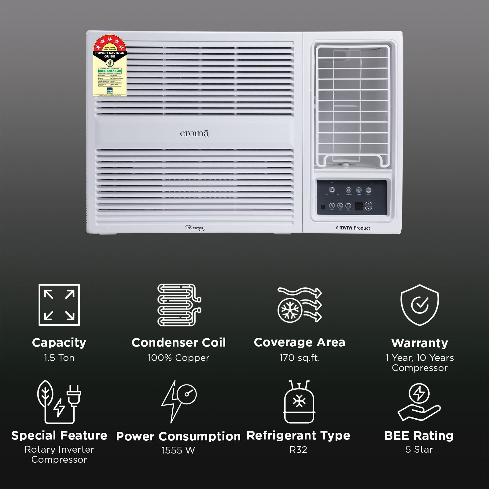 Croma 1.5 Ton 5 Star Inverter Window AC (2026 Model, Copper Condenser, Dust Filter, CRLA018WIF193395)_2