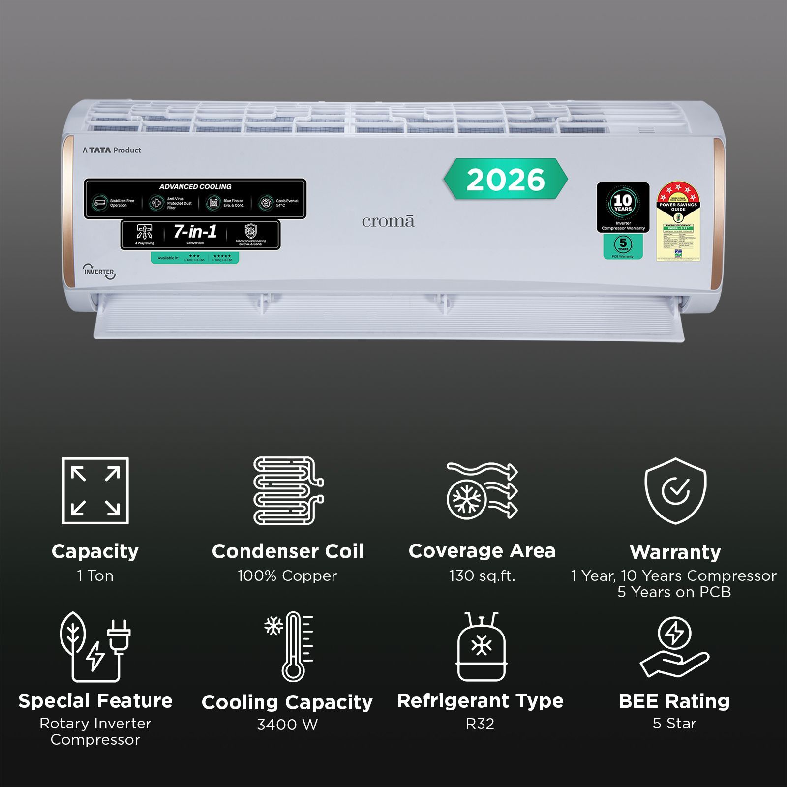 Croma 7 in 1 Convertible 1 Ton 5 Star Inverter Split AC with 4 Way Auto Swing (2026 Model, Copper Condenser, CRLA012INF170296)_2