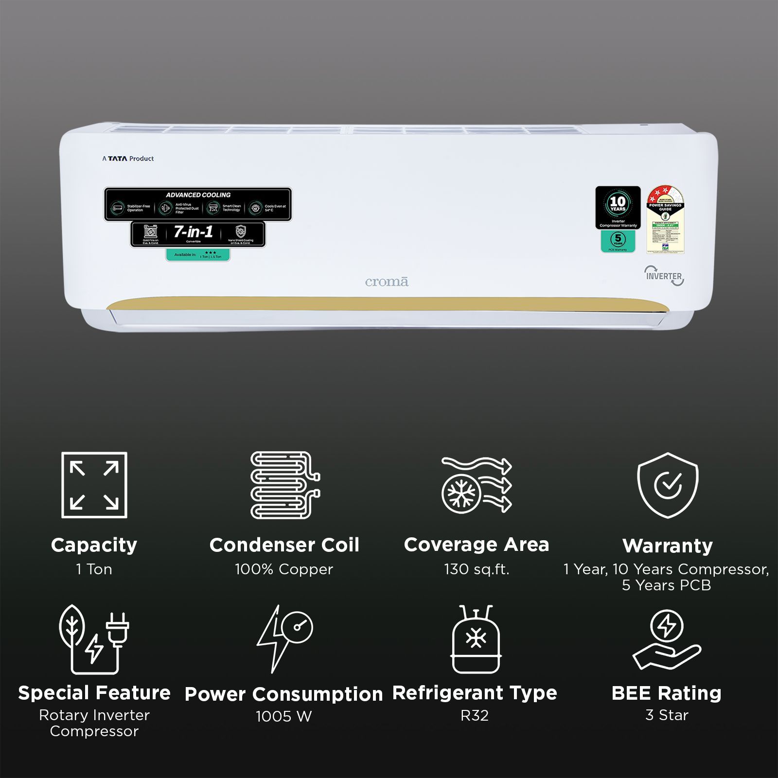 Croma 7 in 1 Convertible 1 Ton 3 Star Inverter Split AC with Self Diagnosis (2026 Model, Copper Condenser, CRLA012IND342402) Croma 7 in 1 Convertible 1 Ton 3 Star Inverter Split AC with Self Diagnosis (2026 Model, Copper Condenser, CRLA012IND342402)_2