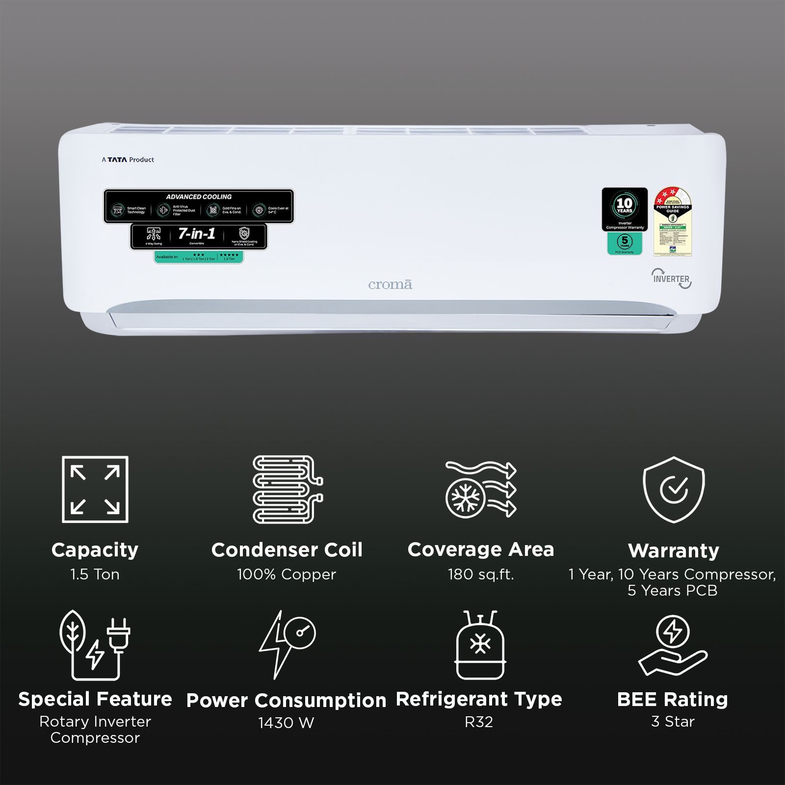 Croma 7 in 1 Convertible 1.5 Ton 3 Star Inverter Split AC with 4 Way Auto Swing (2026 Model, Copper Condenser, CRLA018IND342403)_2
