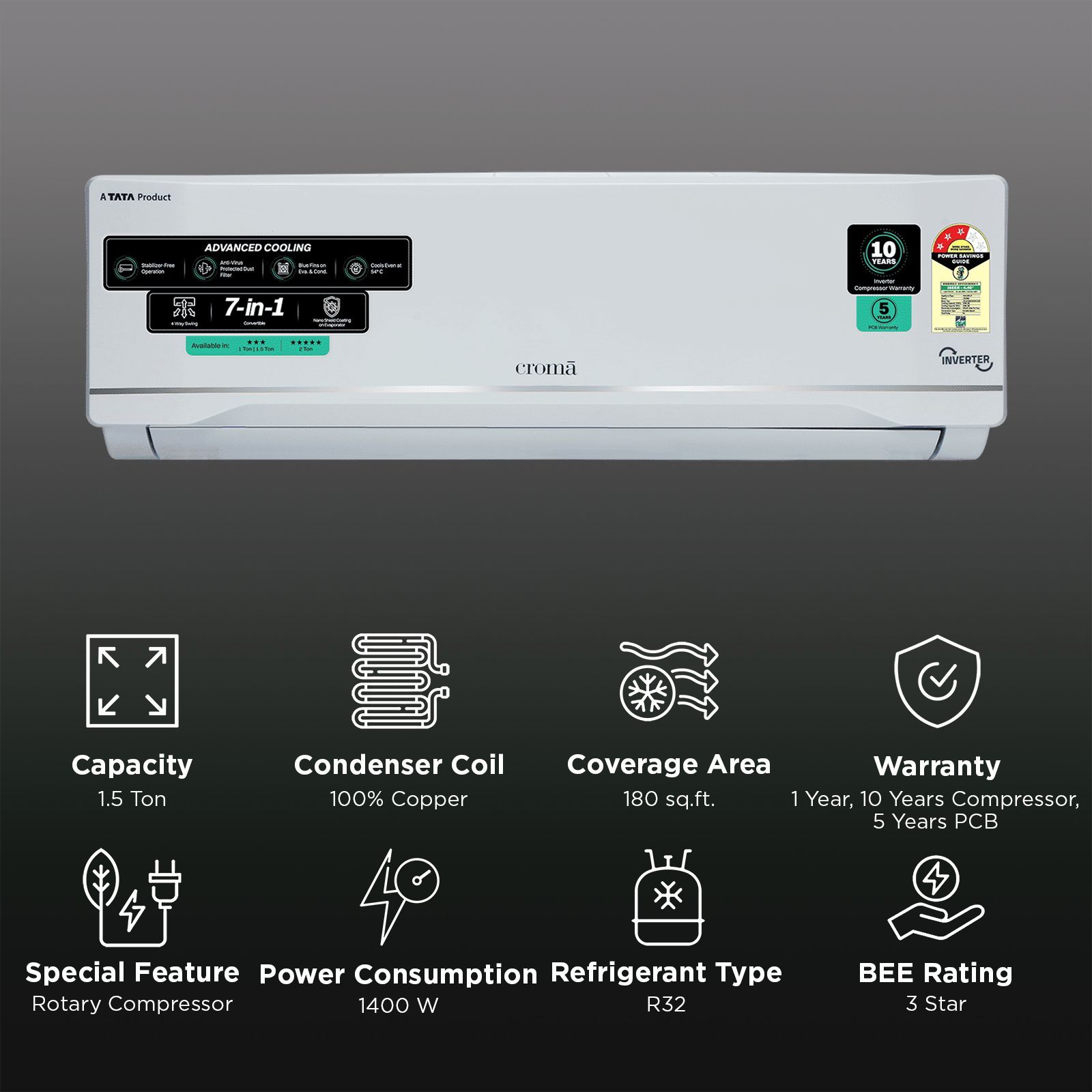 Croma 7 in 1 Convertible 1.5 Ton 3 Star Inverter Split AC with Anti Viral Dust Filter (2026 Model, Copper Condenser, CRLA018IND283281) Croma 7 in 1 Convertible 1.5 Ton 3 Star Inverter Split AC with Anti Viral Dust Filter (2026 Model, Copper Condenser, CRLA018IND283281)_2