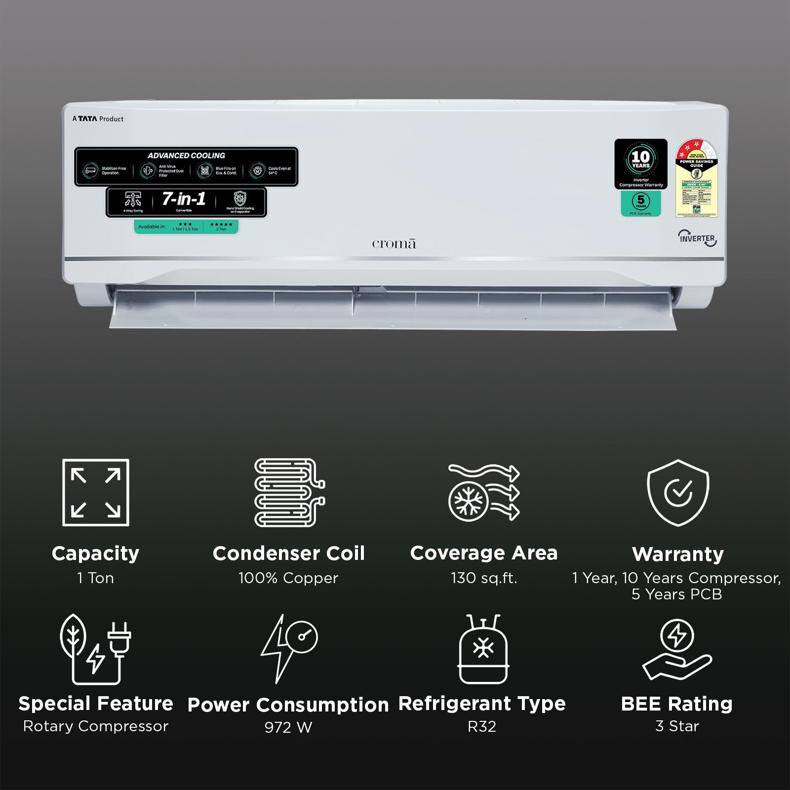 Croma 7 in 1 Convertible 1 Ton 3 Star Inverter Split AC with Anti Viral Dust Filter (2026 Model, Copper Condenser, CRLA012IND283280)_2
