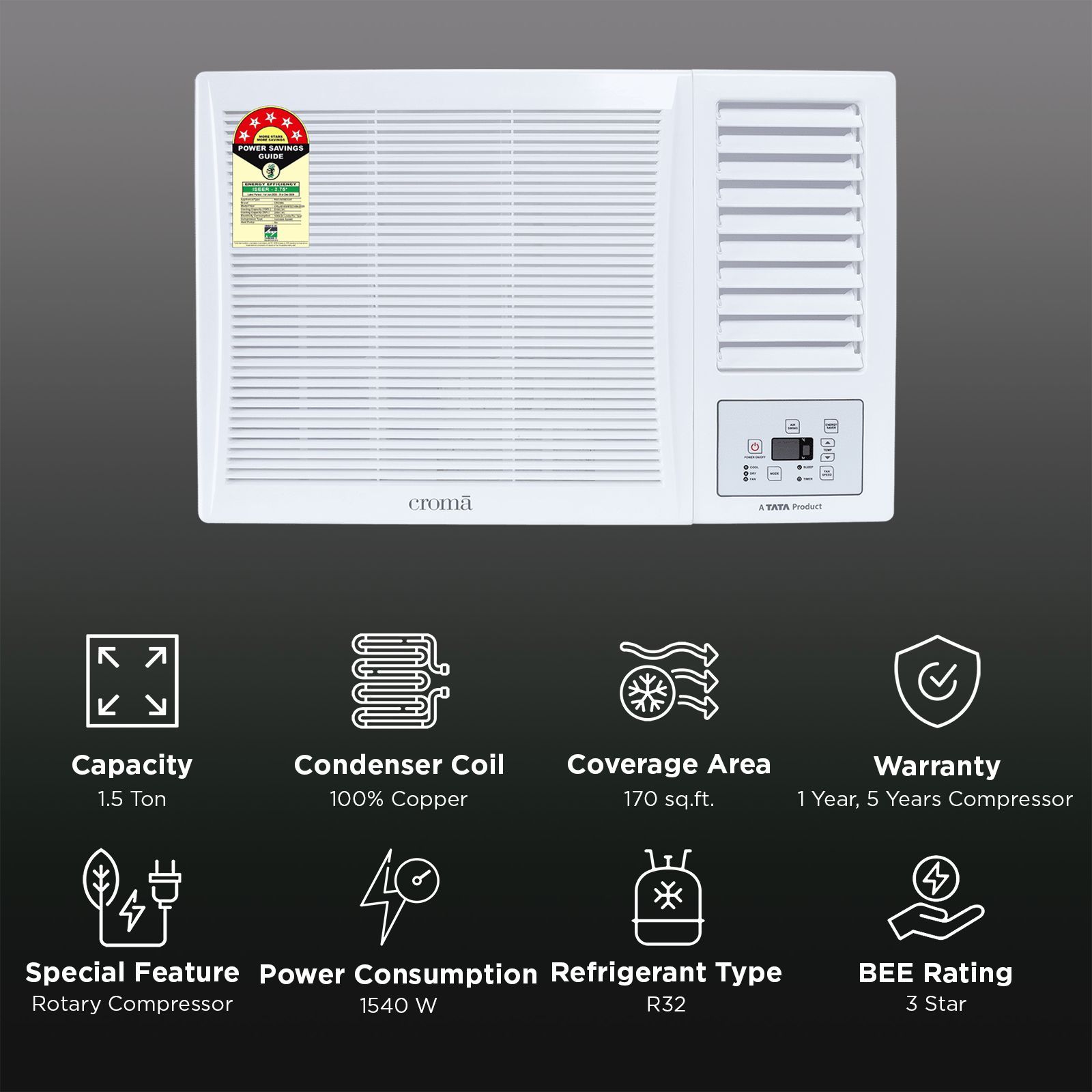 Croma 1.5 Ton 3 Star Fixed Speed Window AC (2026 Model, Copper Condenser, Dust Filter)_2