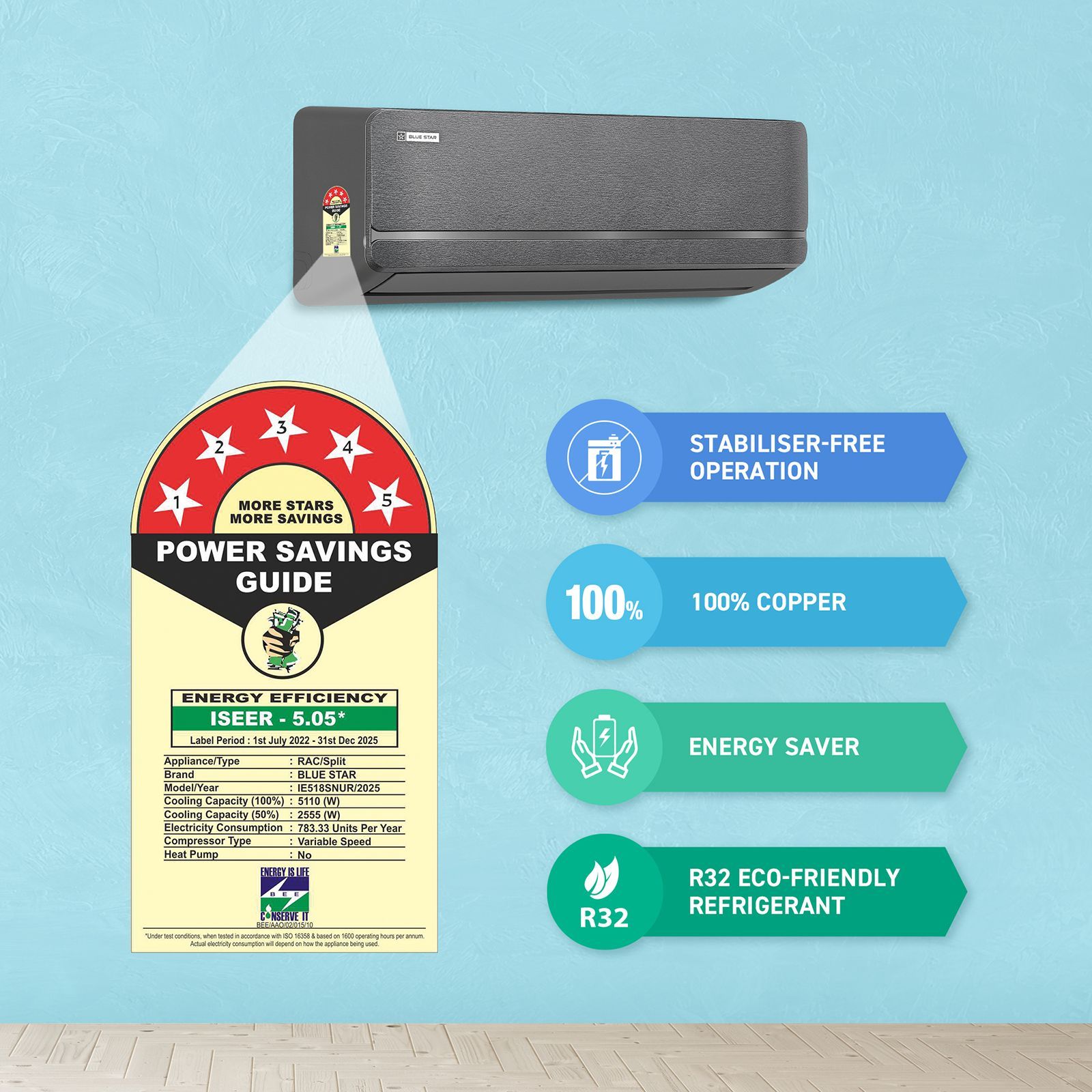 Blue Star Iconia S Series 5 in 1 Convertible 1.5 Ton 5 Star Inverter Split Smart AC with Voice Command Technology (2025 Model, Copper Condenser, IE518SNUR)_6