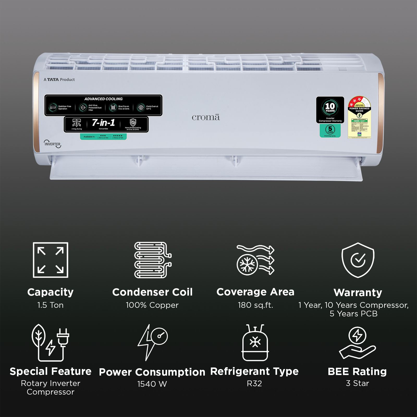 Croma 7 in 1 Convertible 1.5 Ton 3 Star Inverter Split AC with 4 Way Auto Swing (2026 Model, Copper Condenser, CRLA018IND170297) Croma 7 in 1 Convertible 1.5 Ton 3 Star Inverter Split AC with 4 Way Auto Swing (2026 Model, Copper Condenser, CRLA018IND170297)_2