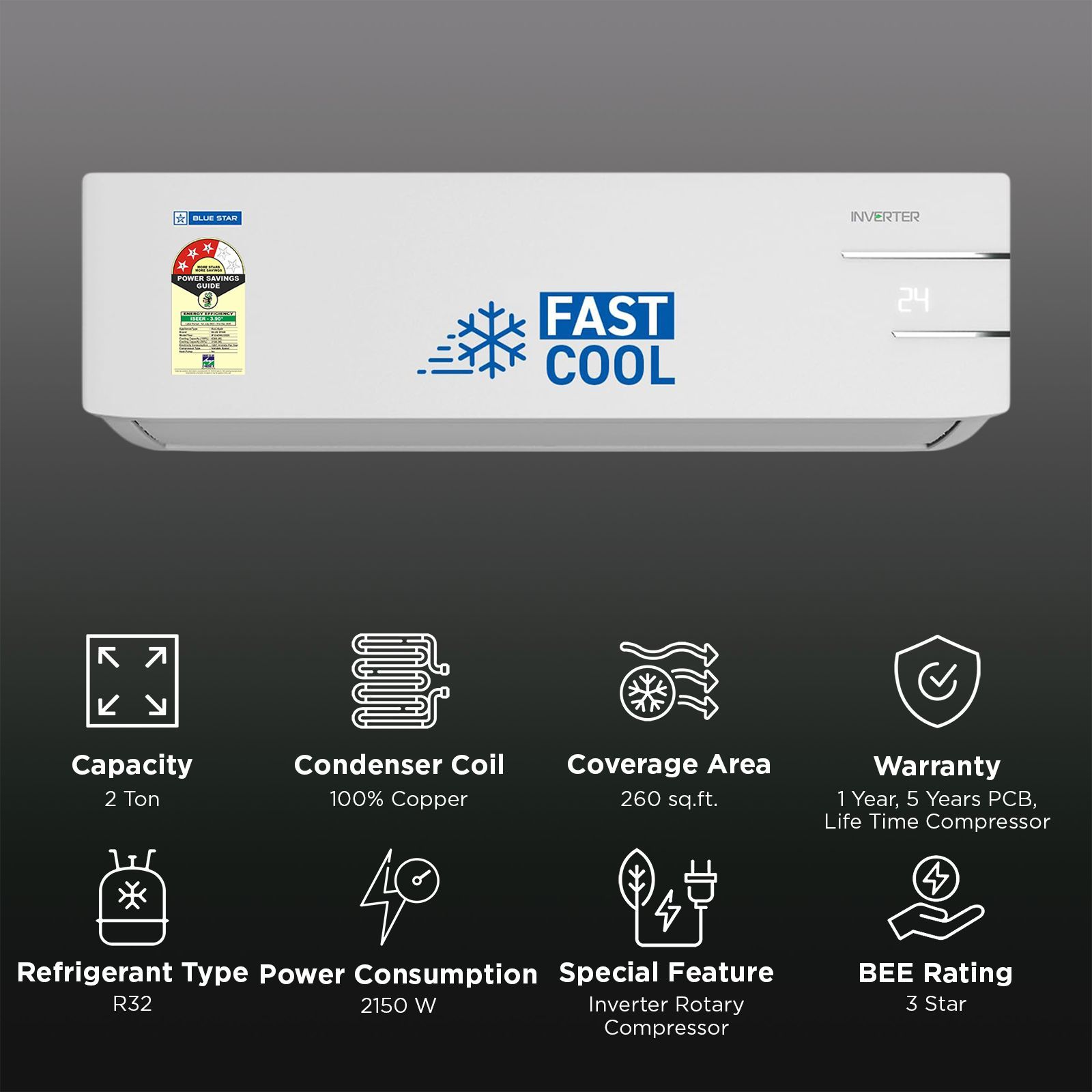 Blue Star D Series 5 in 1 Convertible 2 Ton 3 Star Inverter Split AC with Turbo Cool (2025 Model, Copper Condenser, IF324DNU) Blue Star D Series 5 in 1 Convertible 2 Ton 3 Star Inverter Split AC with Turbo Cool (2025 Model, Copper Condenser, IF324DNU)_2