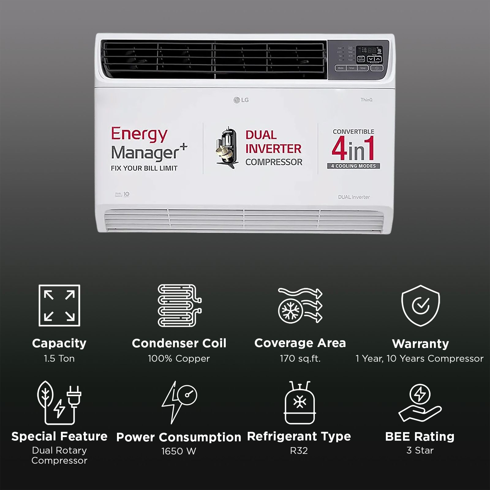 LG 4-in-1 Convertible 1.5 Ton 3 Star Window AC with Dual Rotary Compressor (Copper Condenser, AW-Q18WWXA.ASLG) LG 4-in-1 Convertible 1.5 Ton 3 Star Window AC with Dual Rotary Compressor (Copper Condenser, AW-Q18WWXA.ASLG)_2