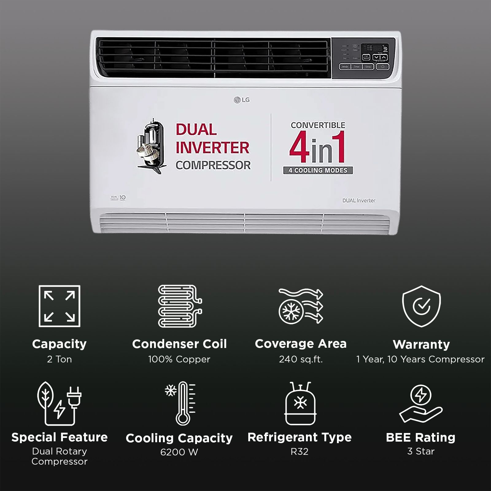LG 4-in-1 Convertible 2 Ton 3 Star Window AC with Dual Rotary Compressor (Copper Condenser, AW-Q24WWXA.ASLG) LG 4-in-1 Convertible 2 Ton 3 Star Window AC with Dual Rotary Compressor (Copper Condenser, AW-Q24WWXA.ASLG)_2