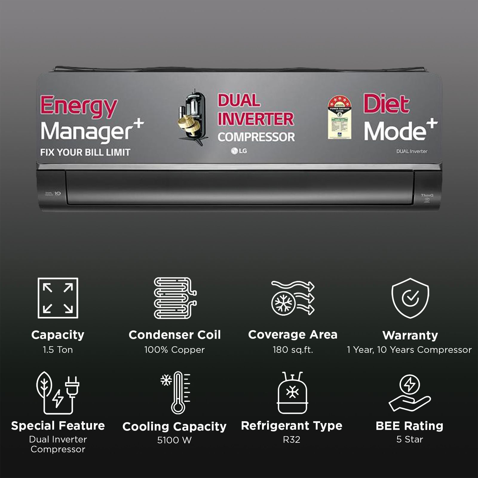 LG 6 in 1 Convertible 1.5 Ton 5 Star Dual Inverter Split Smart AC with ThinQ App Control (2026 Model, Copper Condenser, AS-Q19MWZE.ANLG) LG 6 in 1 Convertible 1.5 Ton 5 Star Dual Inverter Split Smart AC with ThinQ App Control (2026 Model, Copper Condenser, AS-Q19MWZE.ANLG)_2