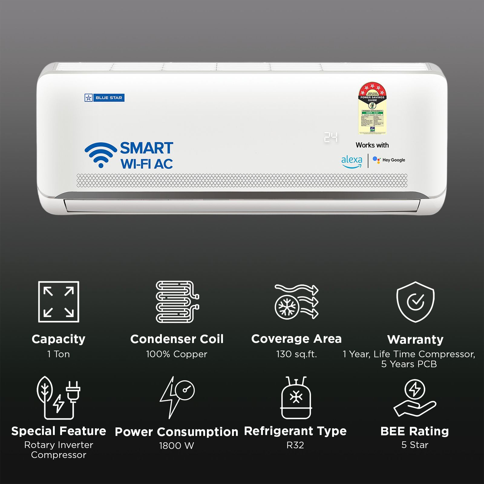 Blue Star N Series Convertible 1 Ton 5 Star Inverter Split Smart AC with Voice Command Technology (2026 Model, Copper Condenser, IA512NXUS) Blue Star N Series Convertible 1 Ton 5 Star Inverter Split Smart AC with Voice Command Technology (2026 Model, Copper Condenser, IA512NXUS)_2