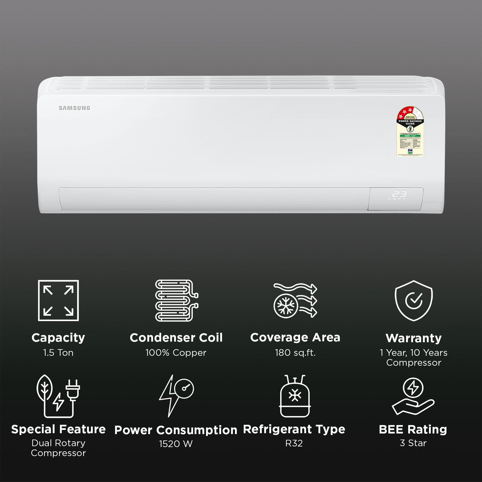 SAMSUNG 5 in 1 Convertible 1.5 Ton 3 Star Inverter Split Smart AC with Bespoke AI (2026 Model, Copper Condenser, AR50H19D1XHNNA)_2