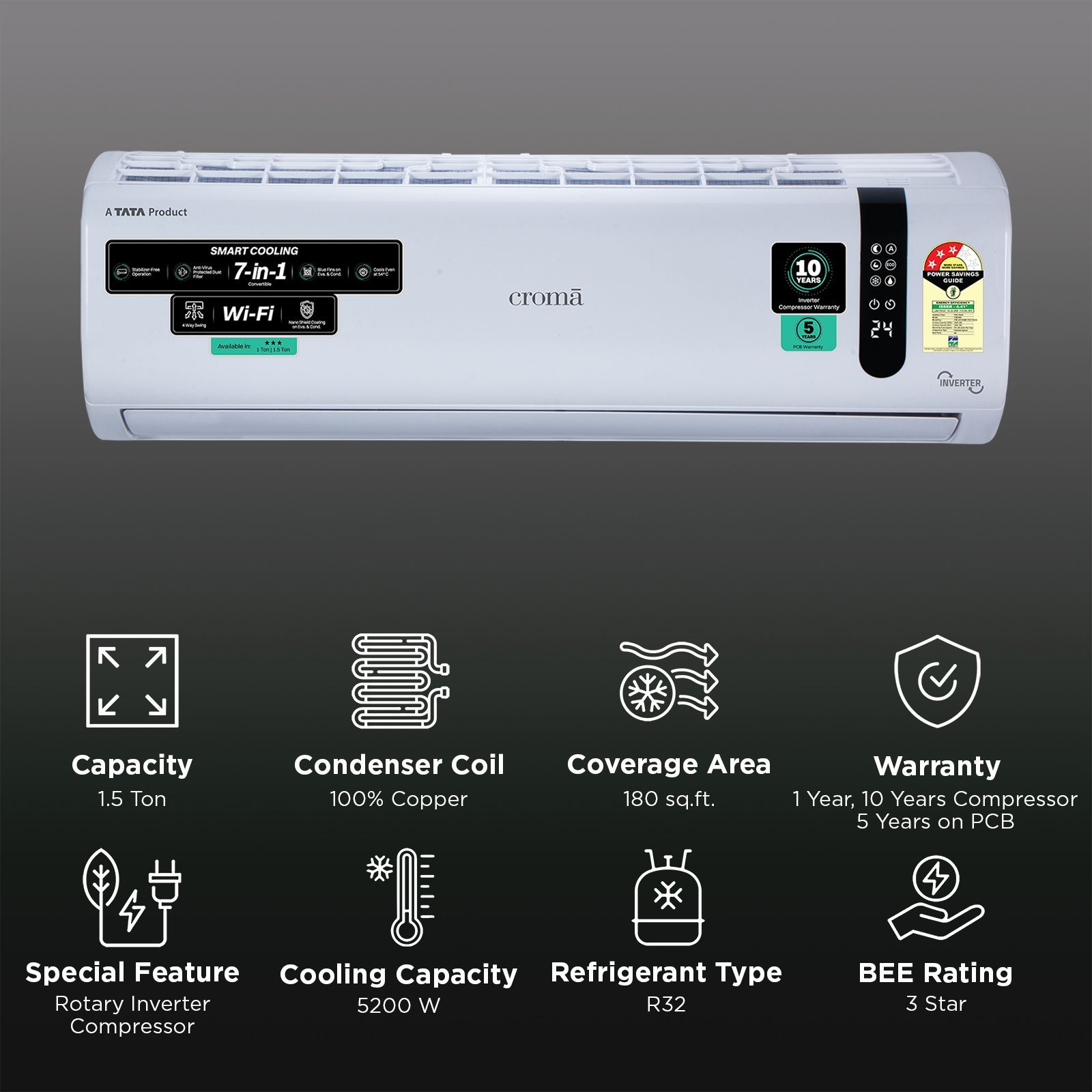 Croma 7 in 1 Convertible 1.5 Ton 3 Star Inverter Split Smart AC with Wi-Fi Enabled (2026 Model, Copper Condenser, CRLAS18IND170211)_2