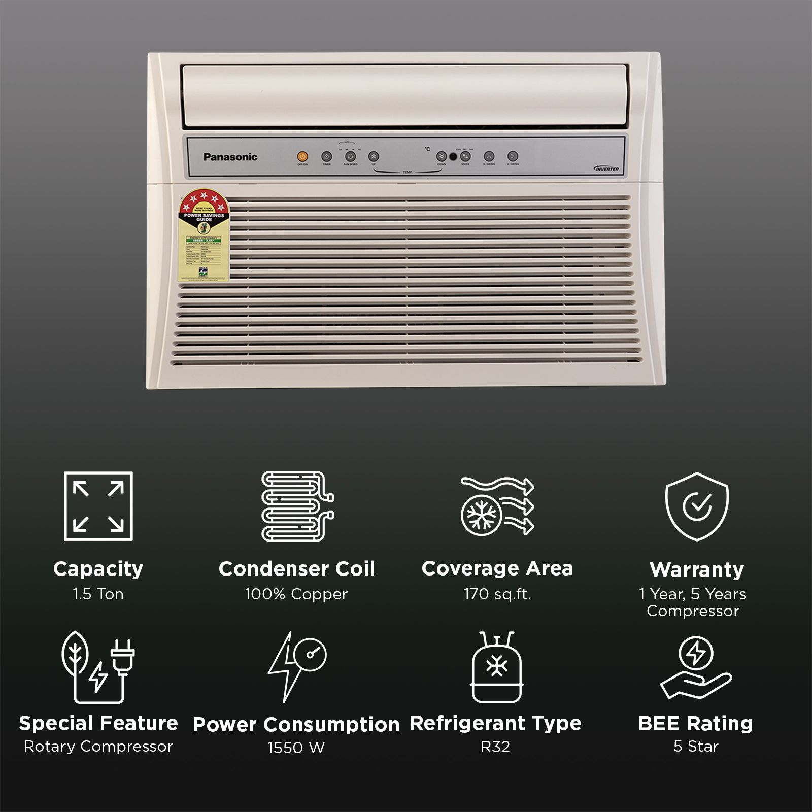 Panasonic XU 8 in 1 Convertible 1.5 Ton 5 Star Inverter Window AC with PM 0.1 Filter (2026 Model, Copper Condenser, CW-XU185CGT) Panasonic XU 8 in 1 Convertible 1.5 Ton 5 Star Inverter Window AC with PM 0.1 Filter (2026 Model, Copper Condenser, CW-XU185CGT)_2