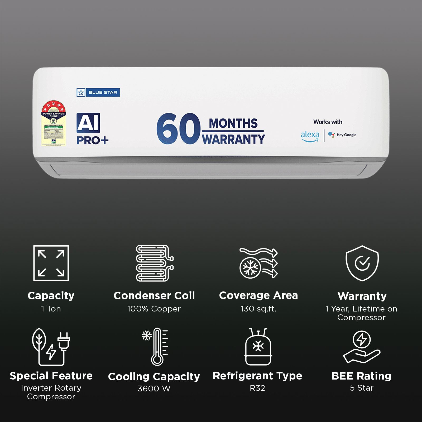 Blue Star Z Series 5 in 1 Convertible 1 Ton 5 Star Inverter Split Smart AC with Voice Command Technology (2026 Model, Copper Condenser, IA512ZXUS)_2