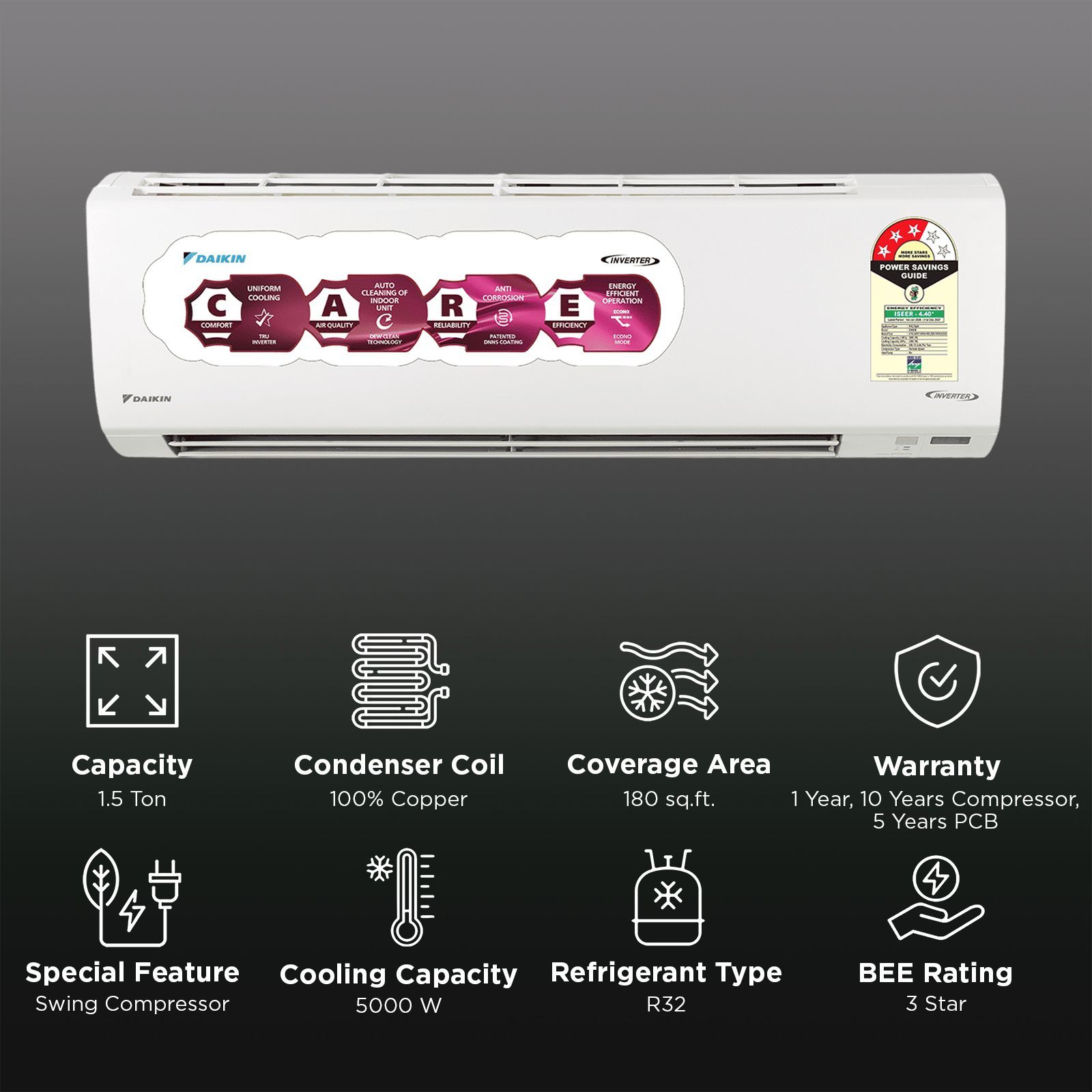 DAIKIN 1.5 Ton 3 Star Inverter Split AC (Copper Condenser, PM2.5 Filter, ATKL50XV16VKA)_2