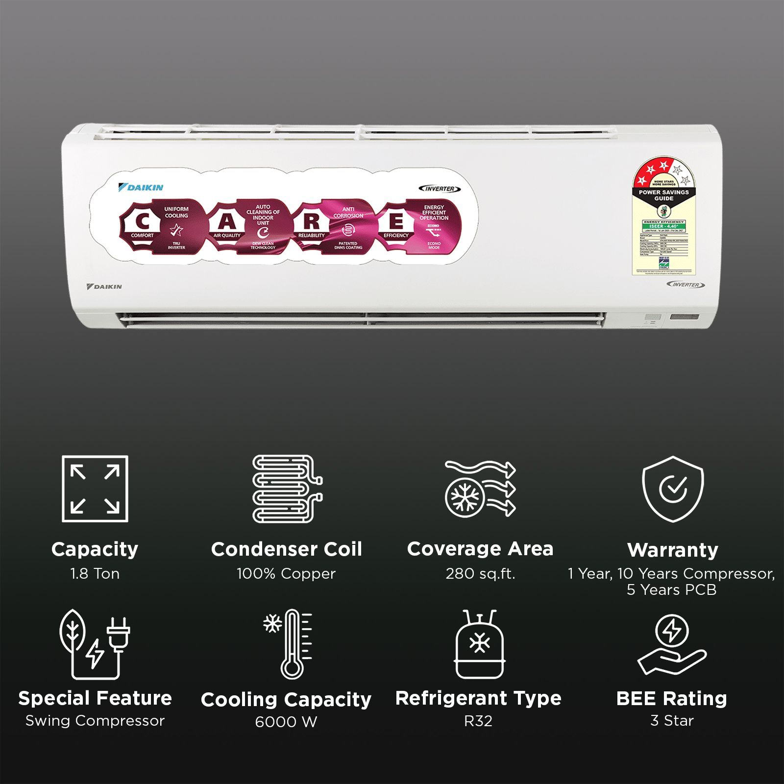 DAIKIN 1.8 Ton 3 Star Inverter Split AC (Copper Condenser, PM2.5 Filter, ATKL60XV16VAA)_2