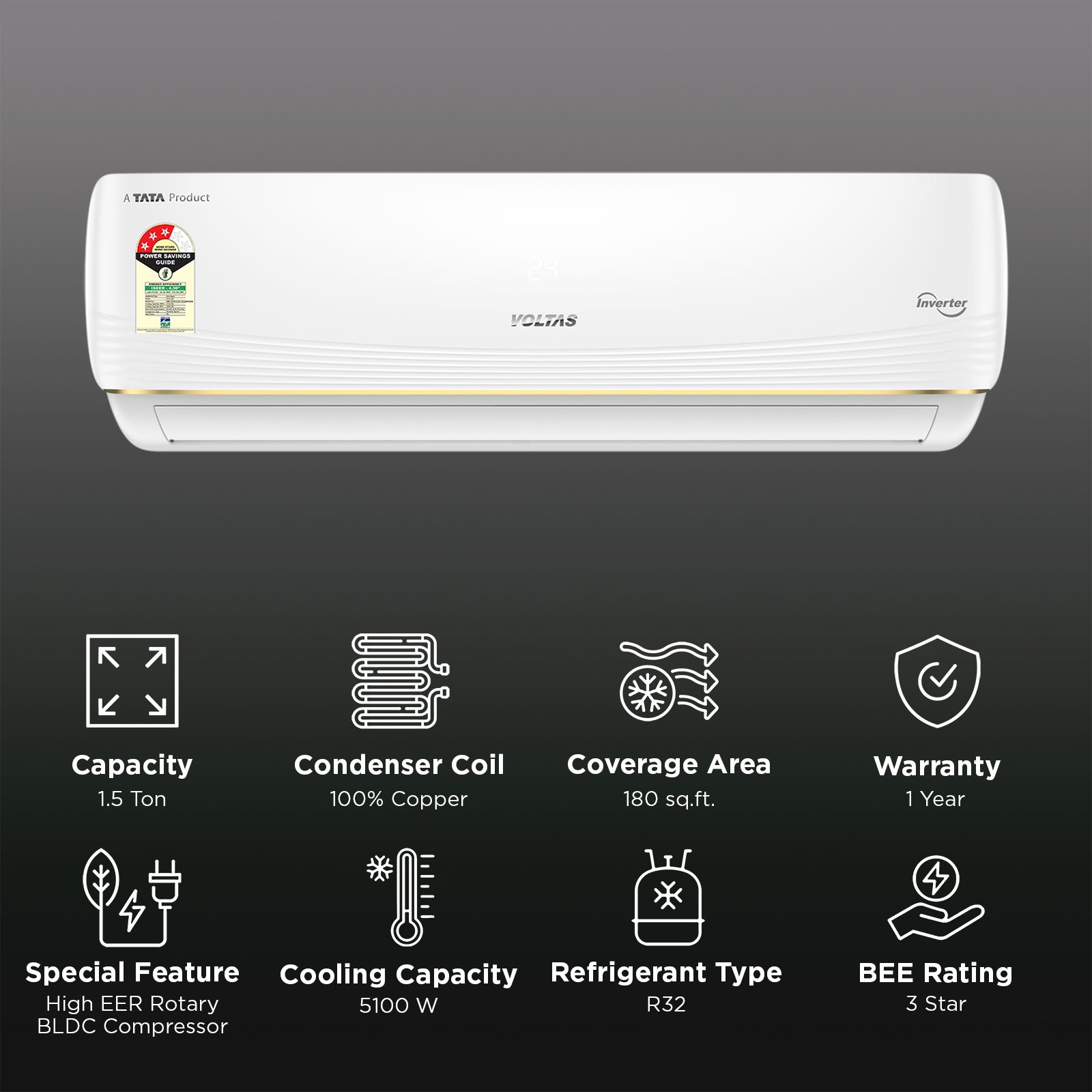 VOLTAS 183INV VERTIS AI ZEST GOLD Convertible 1.5 Ton 3 Star Inverter Split AC with Hidden Display (2026 Model, Copper Condenser, 4504075)_2