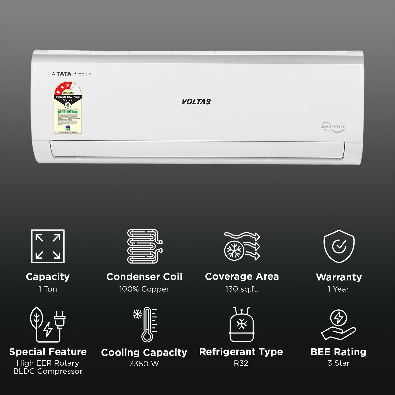 VOLTAS 123INV VERTIS CREST MARVEL Convertible 1 Ton 3 Star Inverter Split AC with Hidden Display (2026 Model, Copper Condenser, 4504151)_2