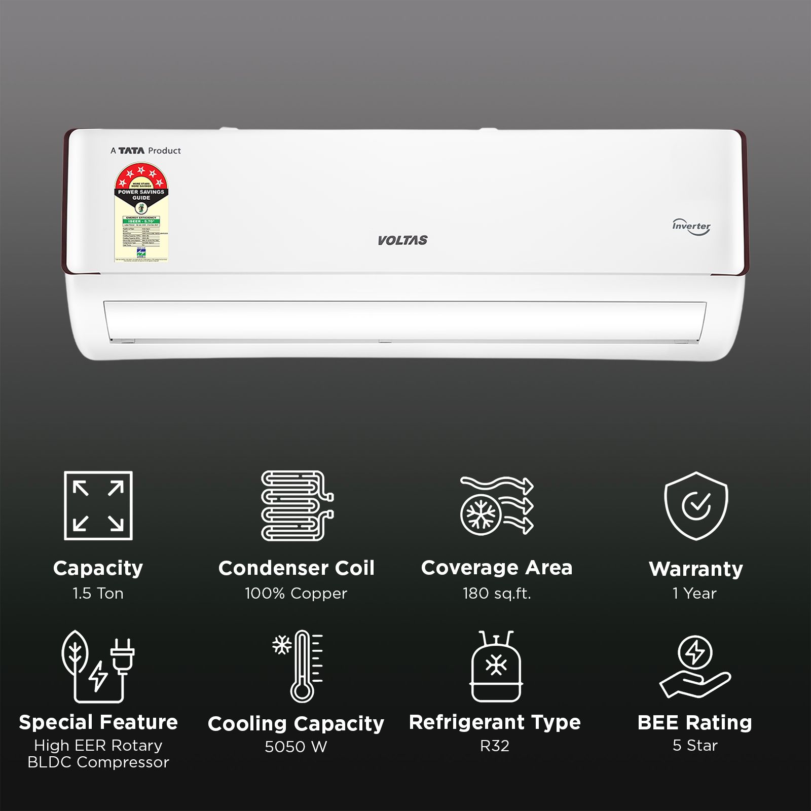 VOLTAS 185INV VERTIS COMET MARVEL Convertible 1.5 Ton 5 Star Inverter Split AC with Hidden Display (2026 Model, Copper Condenser, 4504153)_1