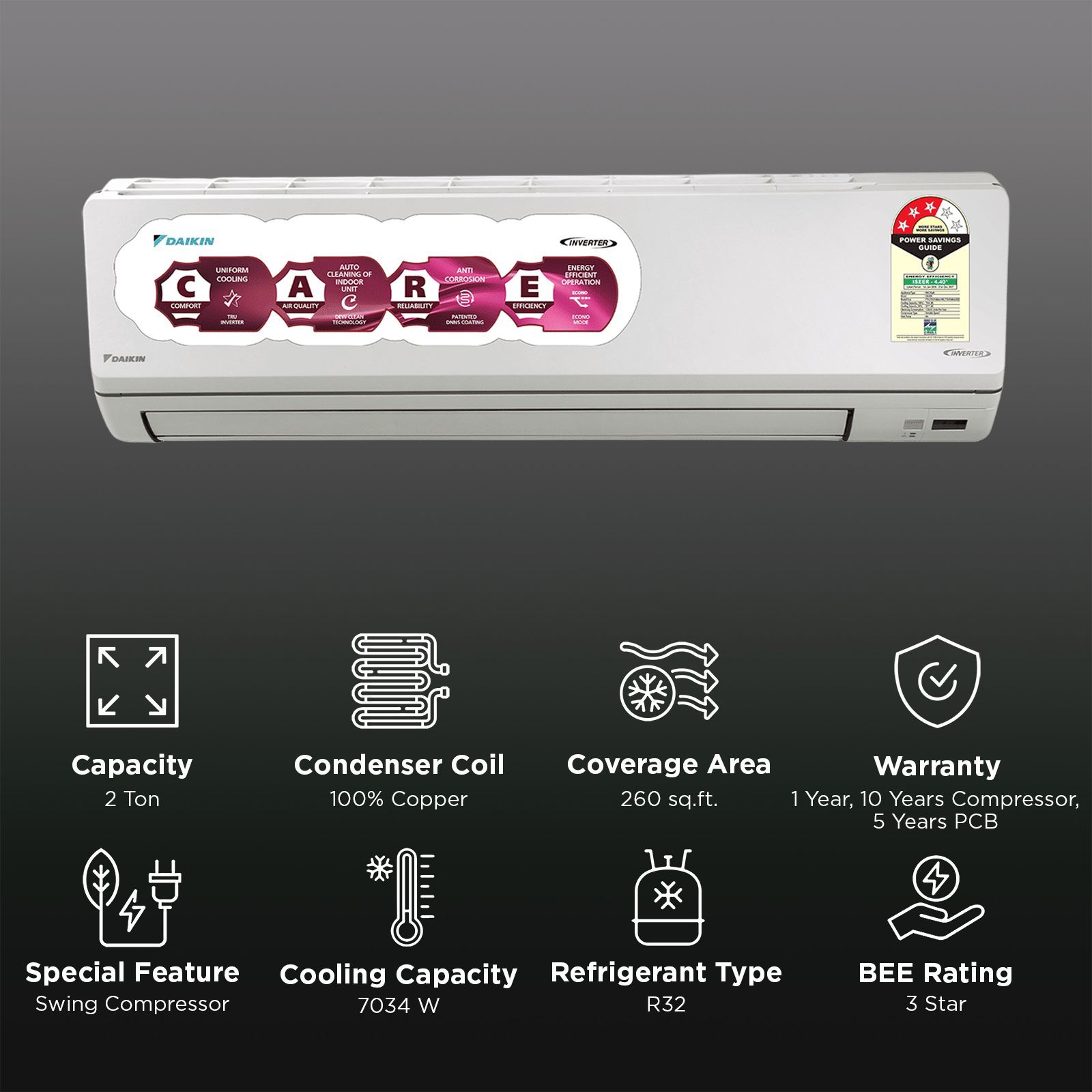 DAIKIN 2 Ton 3 Star Inverter Split AC (Copper Condenser, PM2.5 Filter, FTKL71XV16MAA)_2