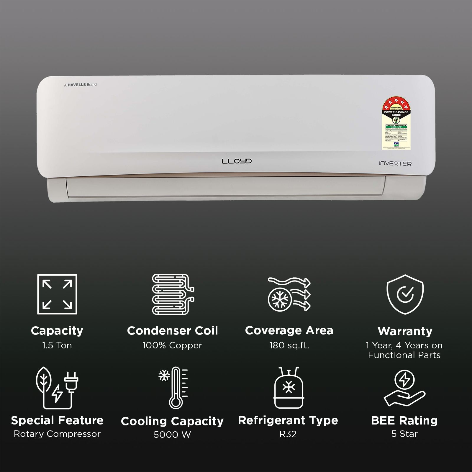 LLOYD 6 in 1 Convertible 1.5 Ton 5 Star Inverter Split AC with Ice Clean (Copper Condenser, GLS18I5AGCGR) LLOYD 6 in 1 Convertible 1.5 Ton 5 Star Inverter Split AC with Ice Clean (Copper Condenser, GLS18I5AGCGR)_2