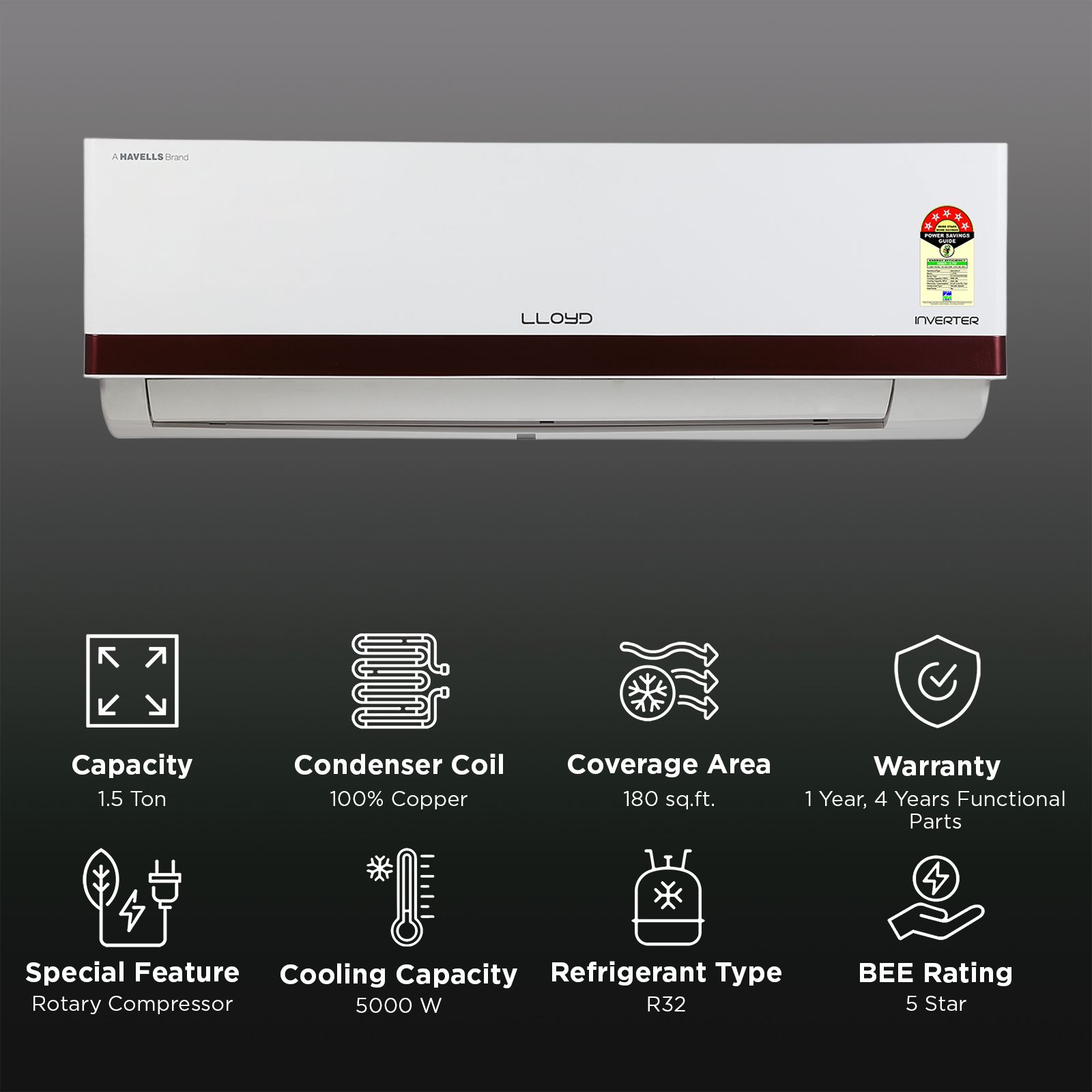 LLOYD 6 in 1 Convertible 1.5 Ton 5 Star Inverter Split Smart AC with Ice Clean (Copper Condenser, GLS18V5ASERR) LLOYD 6 in 1 Convertible 1.5 Ton 5 Star Inverter Split Smart AC with Ice Clean (Copper Condenser, GLS18V5ASERR)_2