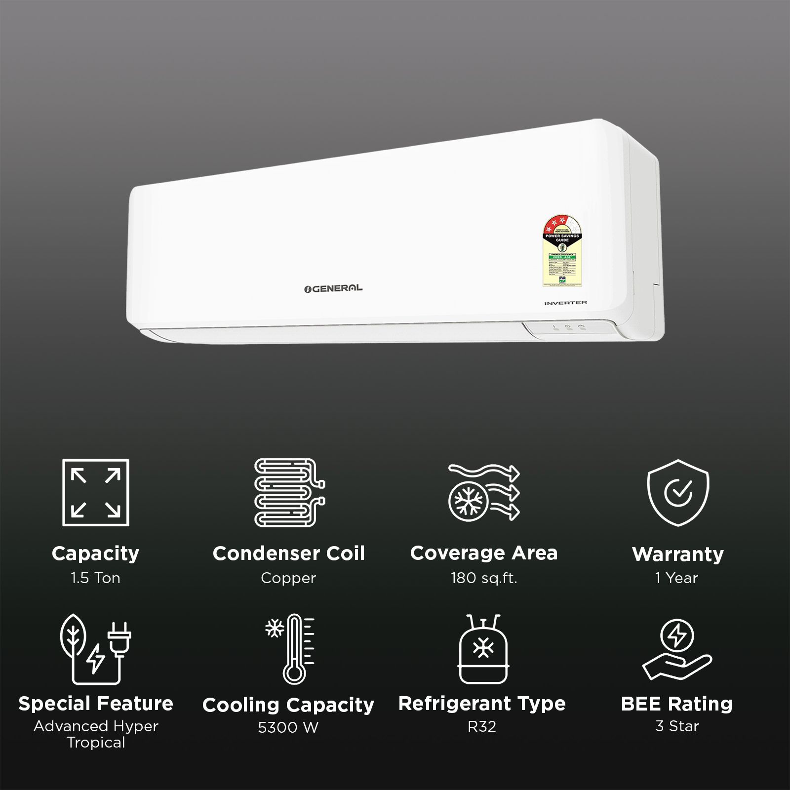 O GENERAL Advance Hyper Tropical 1.5 Ton 3 Star Inverter Split AC (2026 Model, Copper Condenser, ASGG18CNWA-B)_2