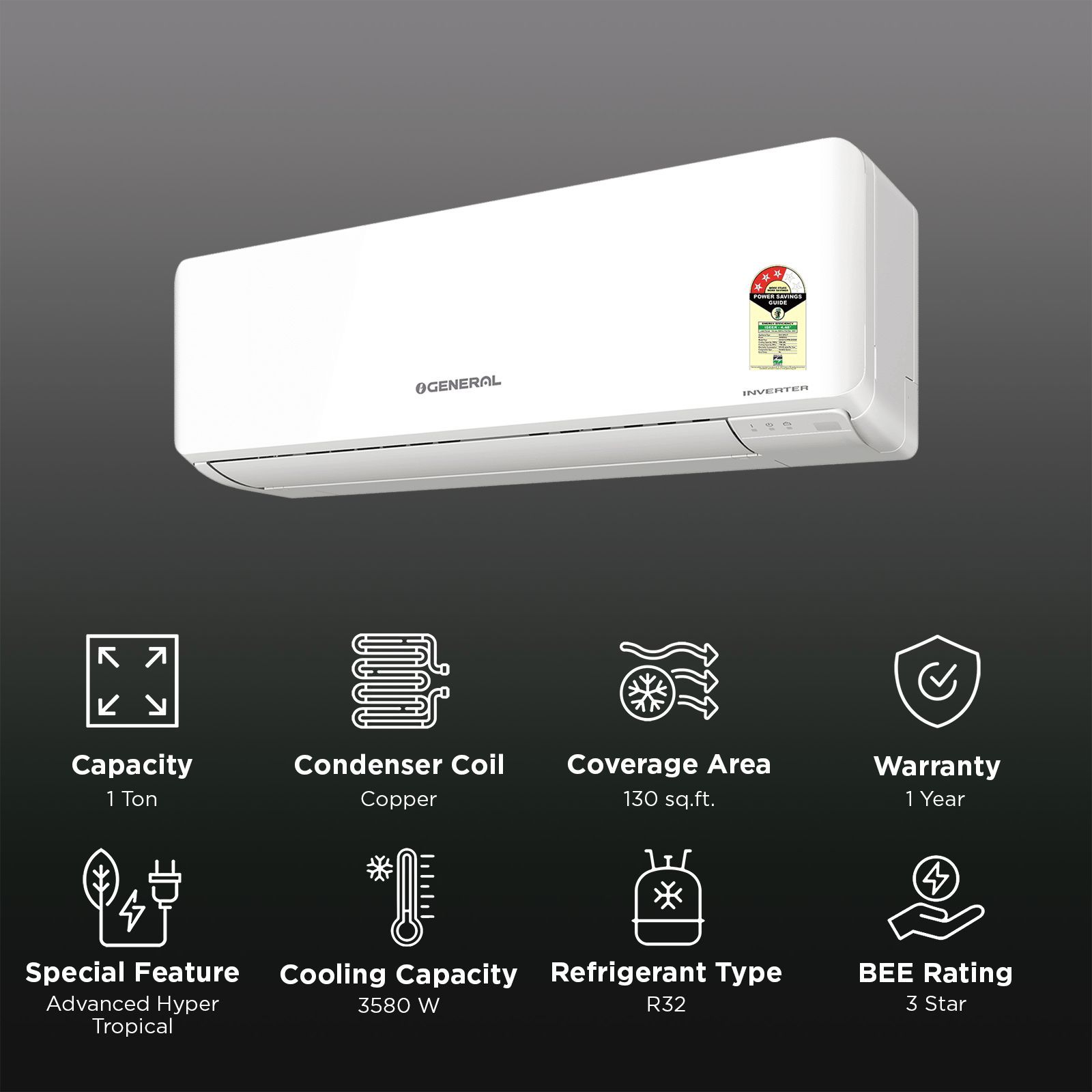 O GENERAL Advance Hyper Tropical 1 Ton 3 Star Inverter Split AC (2026 Model, Copper Condenser, ASGG12CPWA-B) O GENERAL Advance Hyper Tropical 1 Ton 3 Star Inverter Split AC (2026 Model, Copper Condenser, ASGG12CPWA-B)_2