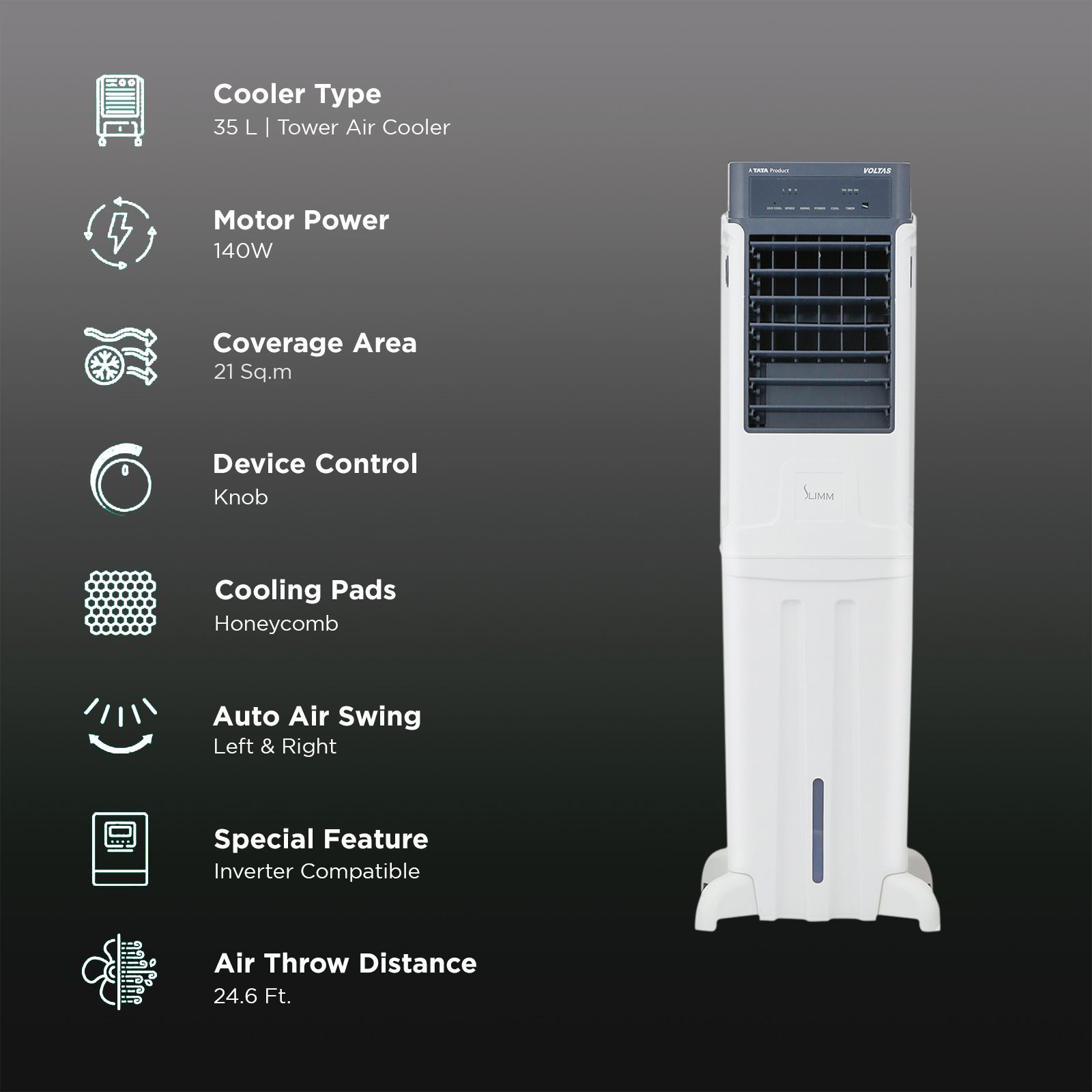 VOLTAS Slimm T 35 Litres Tower Air Cooler with Handy Touch Controls (Inverter Compatible, White & Grey)_3