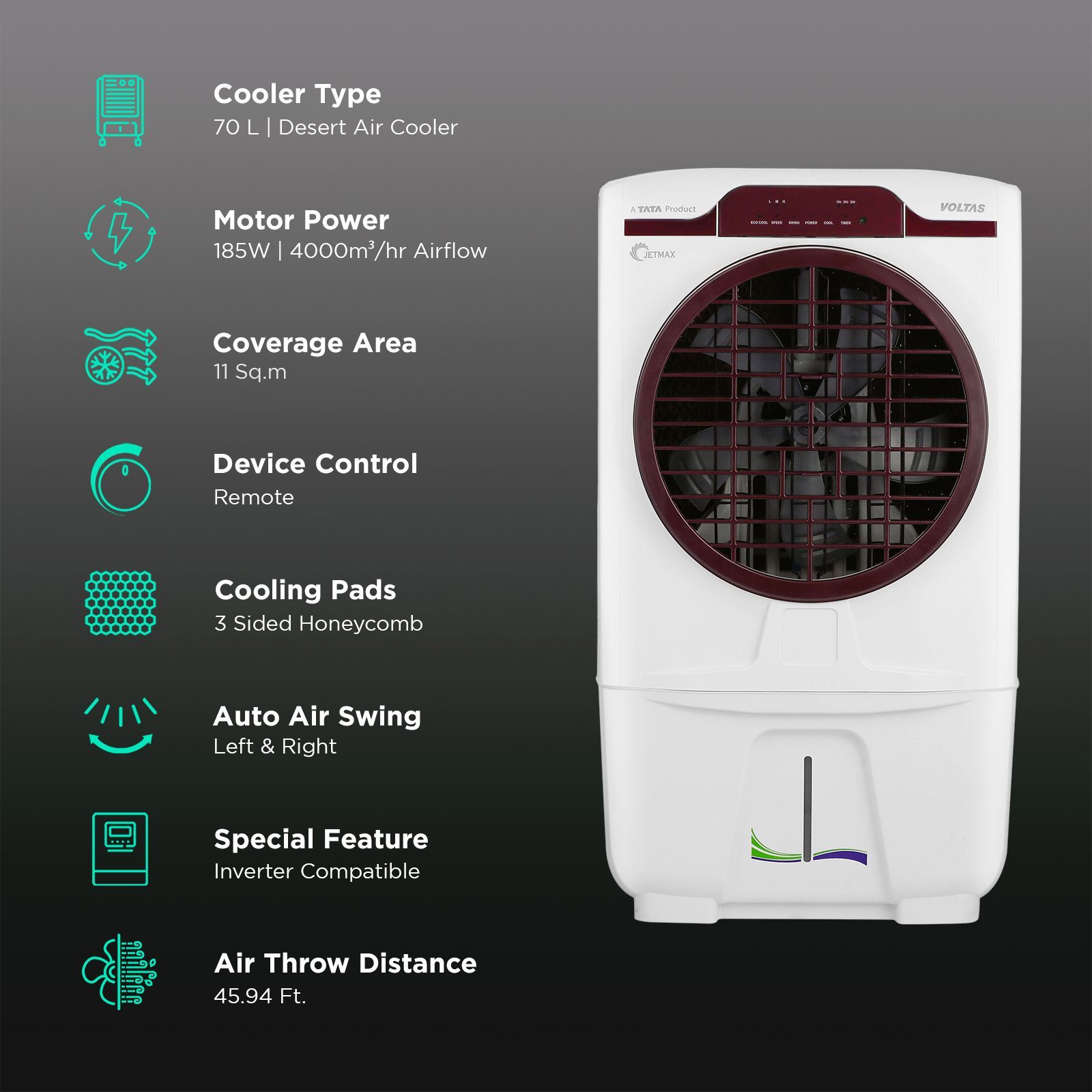 VOLTAS JetMax T 70 Litres Desert Air Cooler with Turbo Air Throw (Smart Humidity Control, White & Burgundy)_3