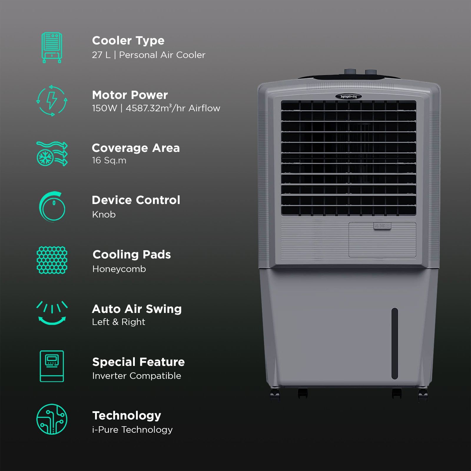 Symphony HiFlo 27 Litres Room Air Cooler with i-Pure Technology (Cool Flow Dispenser, Grey) Symphony HiFlo 27 Litres Room Air Cooler with i-Pure Technology (Cool Flow Dispenser, Grey)_3