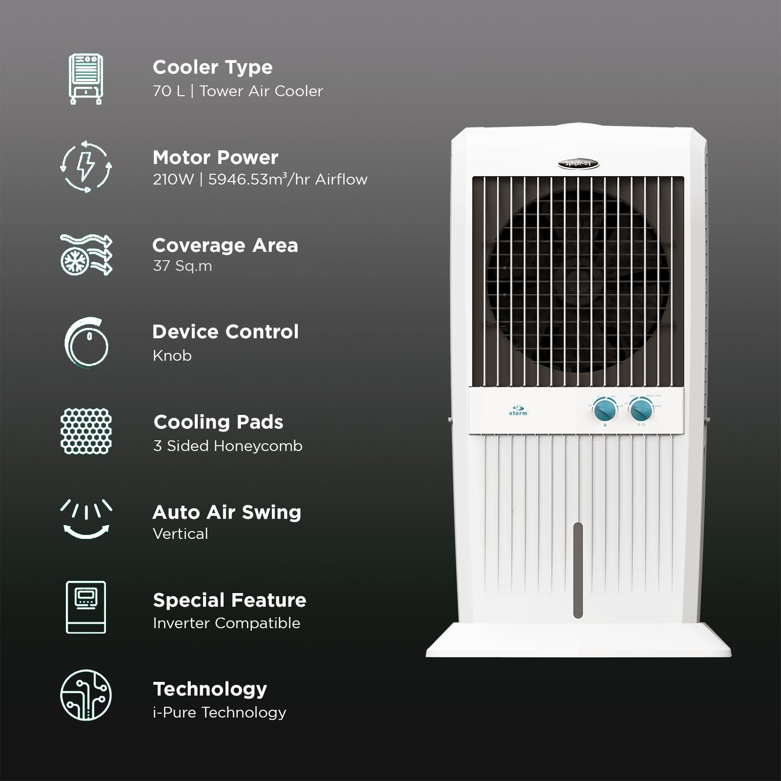 Symphony Storm 70 XL 70 Litres Desert Air Cooler with i-Pure Technology (Cool Flow Dispenser, White) Symphony Storm 70 XL 70 Litres Desert Air Cooler with i-Pure Technology (Cool Flow Dispenser, White)_3