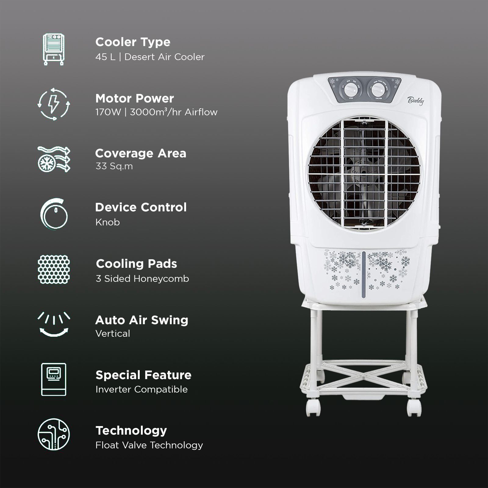 USHA BUDDY 45 Litres Desert Air Cooler with Inverter Compatible (Thermal Overload Protection, White)_3