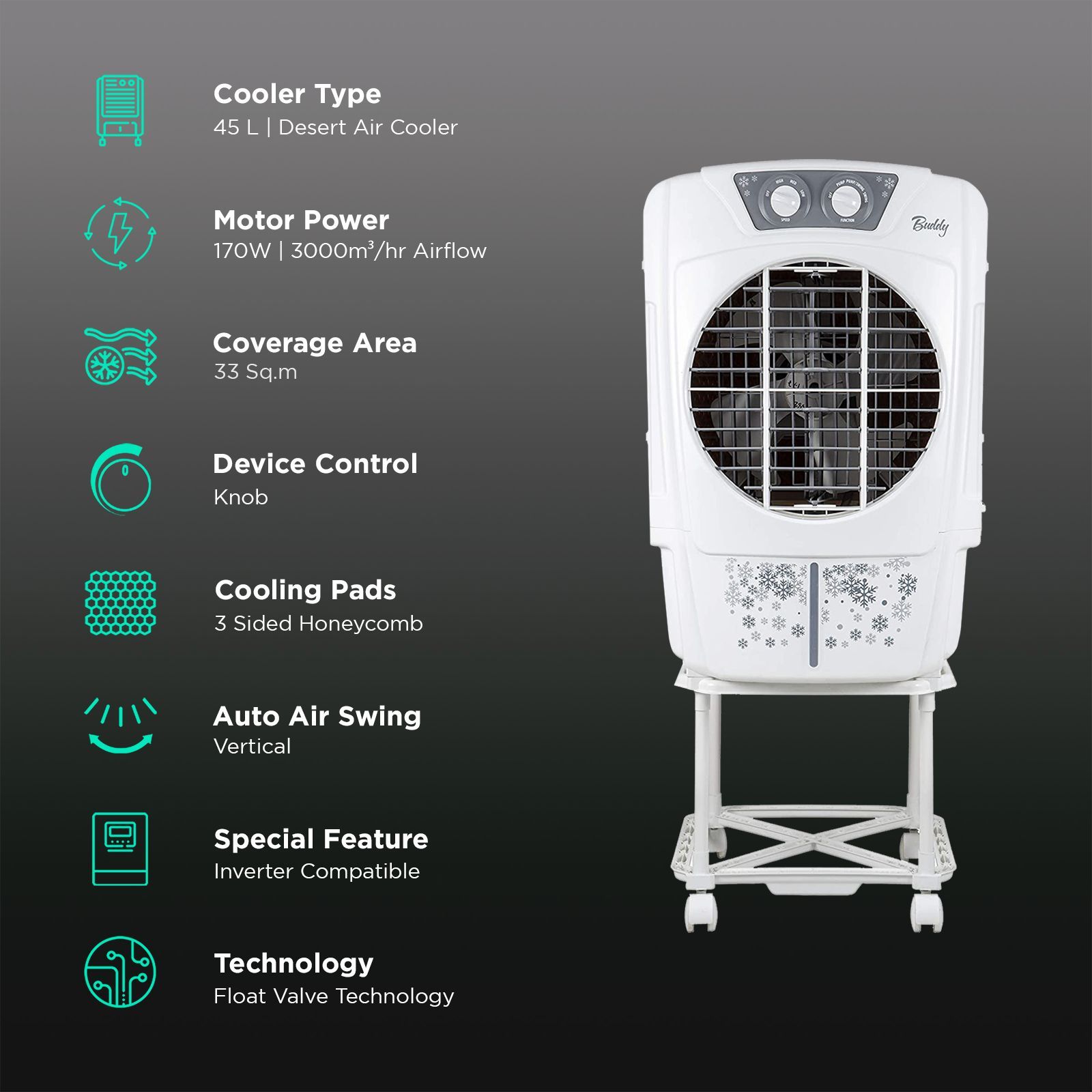 USHA BUDDY 45 Litres Desert Air Cooler with Inverter Compatible (Thermal Overload Protection, White) USHA BUDDY 45 Litres Desert Air Cooler with Inverter Compatible (Thermal Overload Protection, White)_3